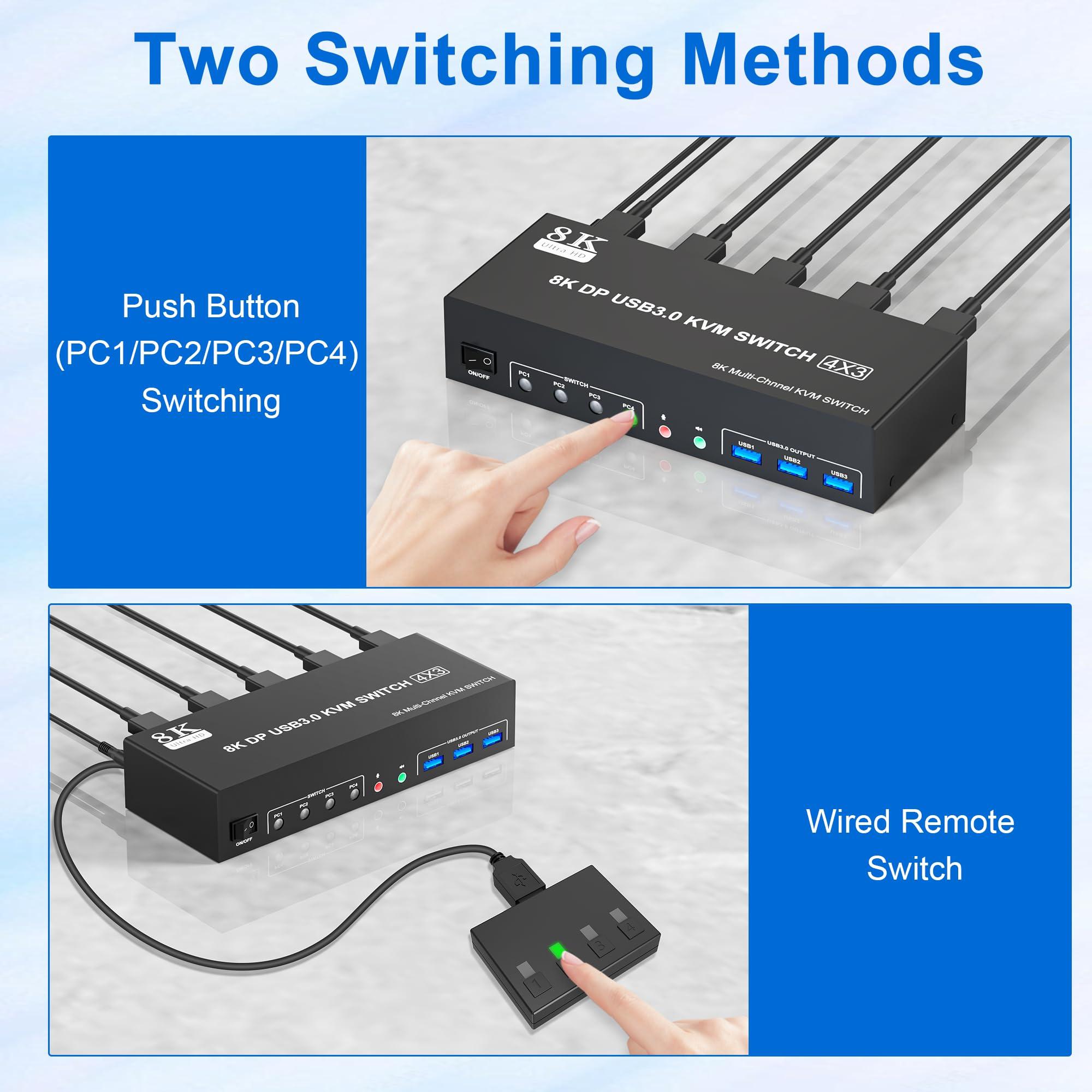 clickfish 8K@60Hz USB3.0 Displayport KVM Switch 3 Monitors 4 Computer, DP1.4 Triple Monitor KVM Switch with Audio Microphone Output and 3 USB3.0 Port, KVM Triple Monitor Keyboard Mouse Switcher for 4PC