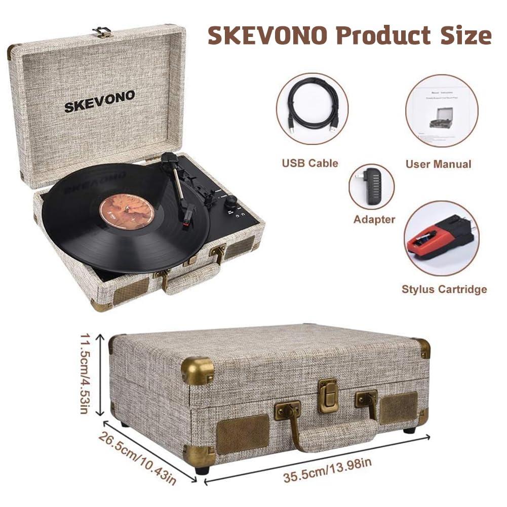 SKEVONO Vinyl Record Player, SKEVONO 33-1/3, 45 & 78 RPM Portable Suitcase Turntable, Bluetooth Vintage Record Player with 2 Built-in Speakers, Supports RCA Output Headphone Jack Phone Music Playback