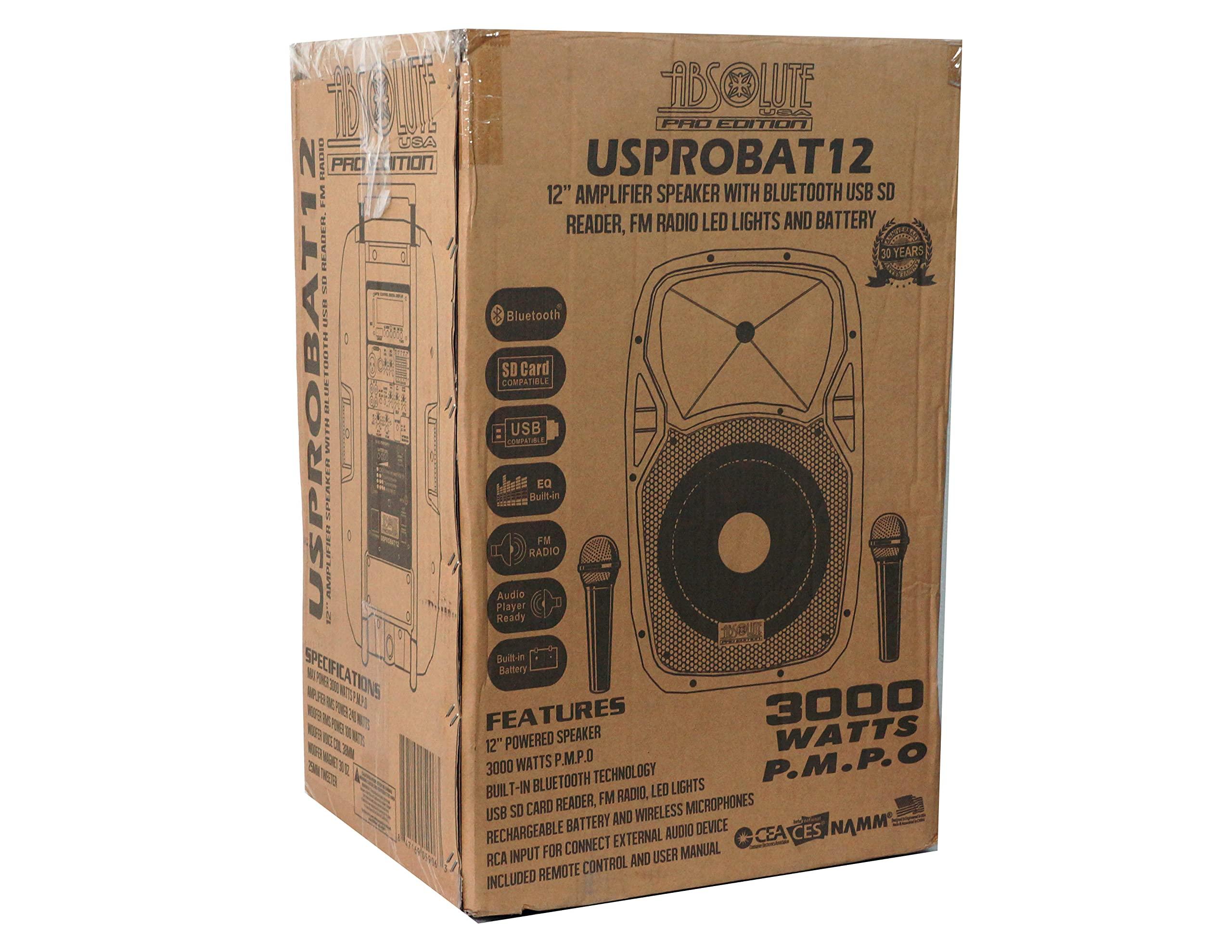 Absolute USA ABSOLUTE USA USPROBAT12. Portable 12" Speaker 3000 Watts PA System Wireless Mic Bluetooth