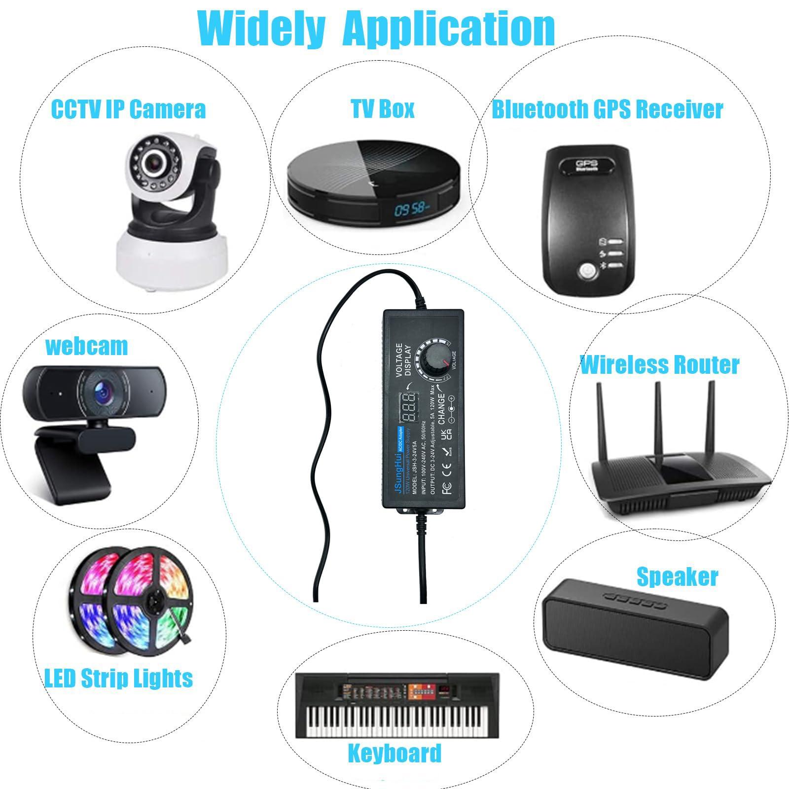 JSungHui 24V 5A 120W Universal Power Supply Adjustable DC 3V ~ 24V Variable Switching AC/DC Adapter 100V-240V AC to DC 24V 5A 120W Converter with 14 Tips & Polarity Converter - 5A Max