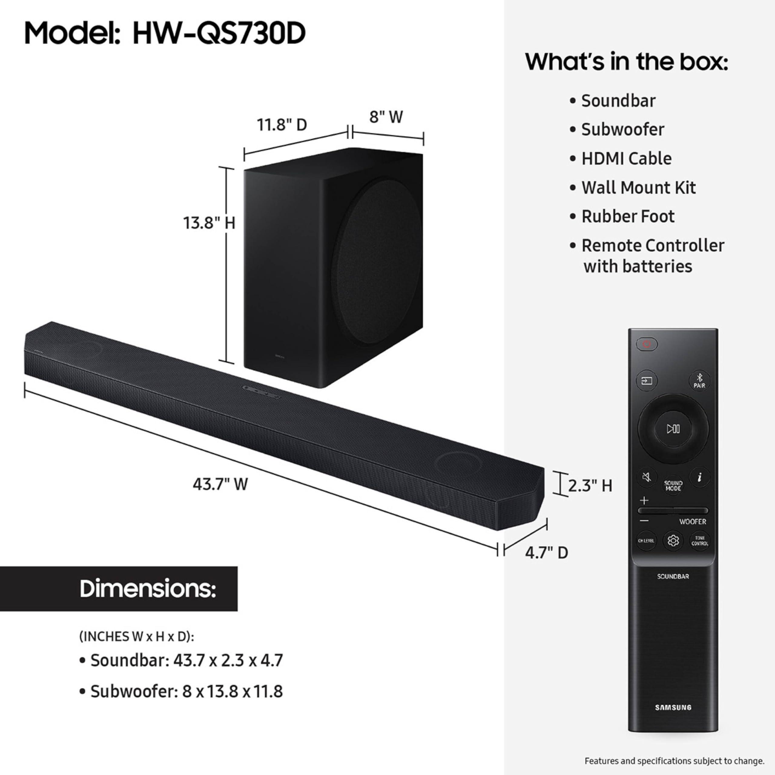 SAMSUNG SAMSUNG QS730D 3.1.2ch Soundbar w/Wireless Dolby Atmos Audio, Q-Symphony, SpaceFit Sound Pro, Adaptive Sound, Game Mode Pro, 8 Subwoofer Included, HW-QS730D/ZA