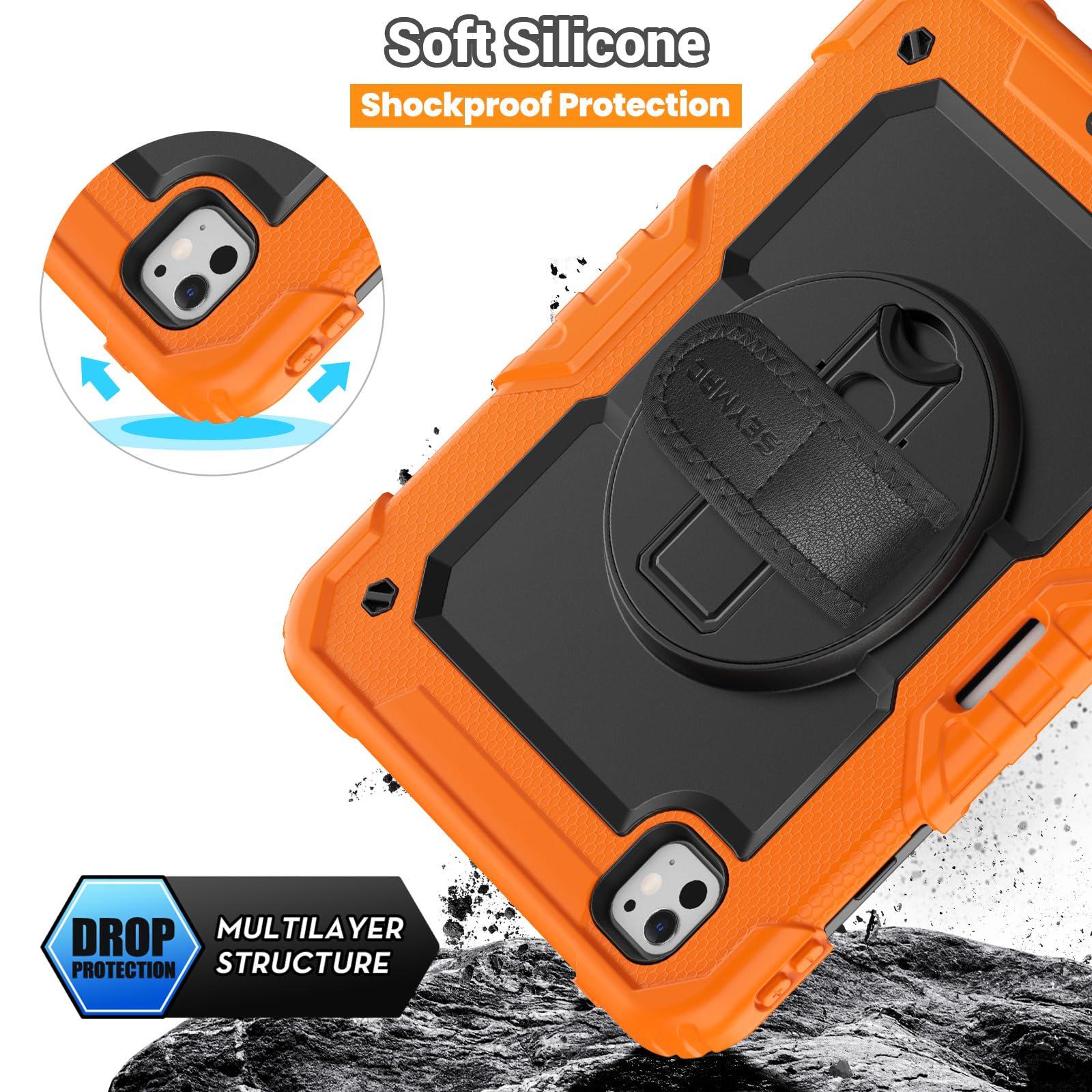 SEYMAC SEYMAC for iPad Pro 11 Inch Case 2024 (M4), Heavy Duty Shockproof Protective Case with Screen Protector, 360 Rotating Stand, Hand/Shoulder Strap and Pen Holder for iPad Pro 11 2024, Orange
