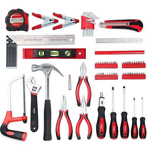 Apollo Tools Apollo Tools 71 Piece Complete Household Tool Set with Clamp, Hacksaw, Carpenter Square, Screwdriver and Plier Sets for College, Home Repairs and DIY - Red - DT0204