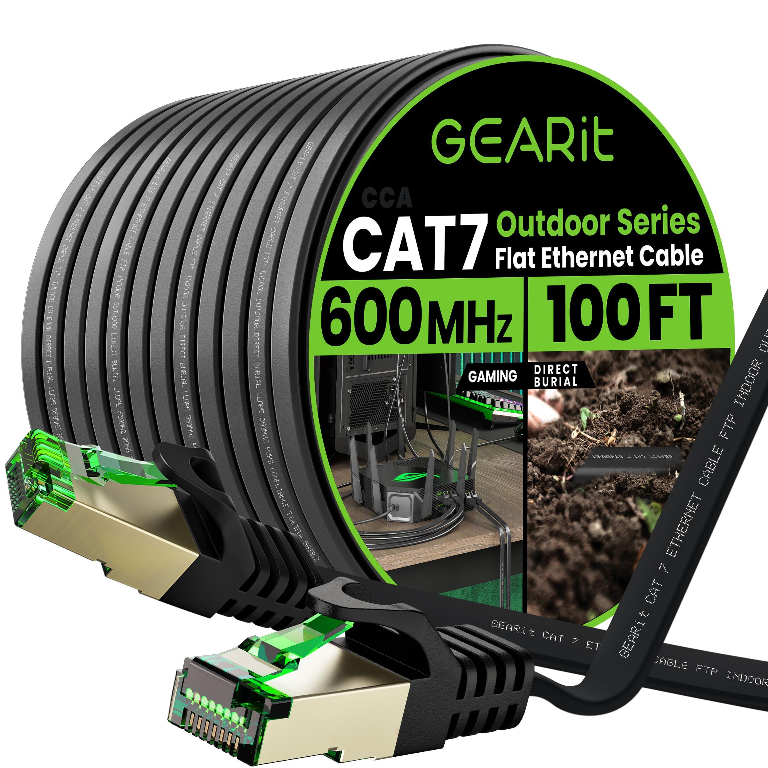 GearIT GearIT Cat 7 Outdoor Flat Ethernet Cable (100ft, Black) Direct Burial Rated LLDPE Jacket - Indoor Cat7 Shielded FTP 600MHz 10Gbps High Speed Gaming Computer Network RJ45 Snagless Patch Cord Internet