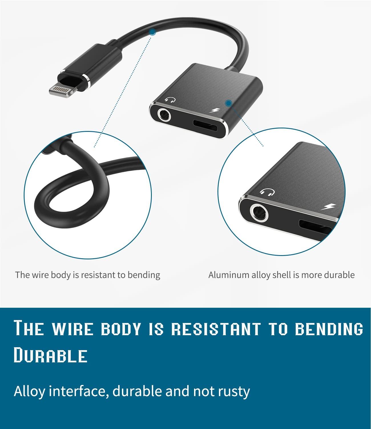 Aksenli Iphone AUX Adapter(2 in 1)Lightning to 3.5mm Headphone Splitter Charger Audio Jack Cable Dongle Adaptador Para Music Earbud Cord Earphone Charger for Apple MFI Certified 7 8Plus X Xr 12 11 13 Pro Ipad