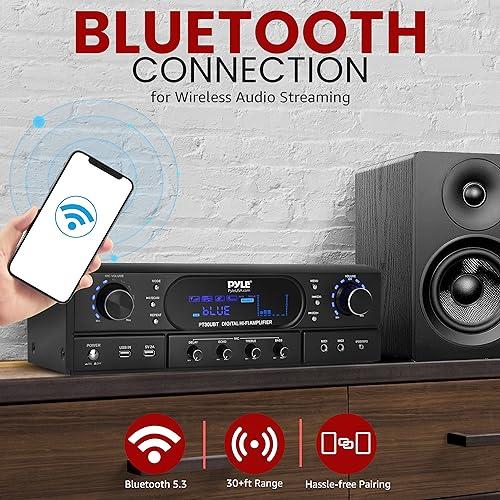 Pyle Pyle Bluetooth Home Theater Receiver Amplifier - 180W Peak Power Amp w/Treble, Bass, Echo Control, MP3/USB/FM, Dual Channel Audio Stereo System for Home Streaming Entertainment, Karaoke, Professional