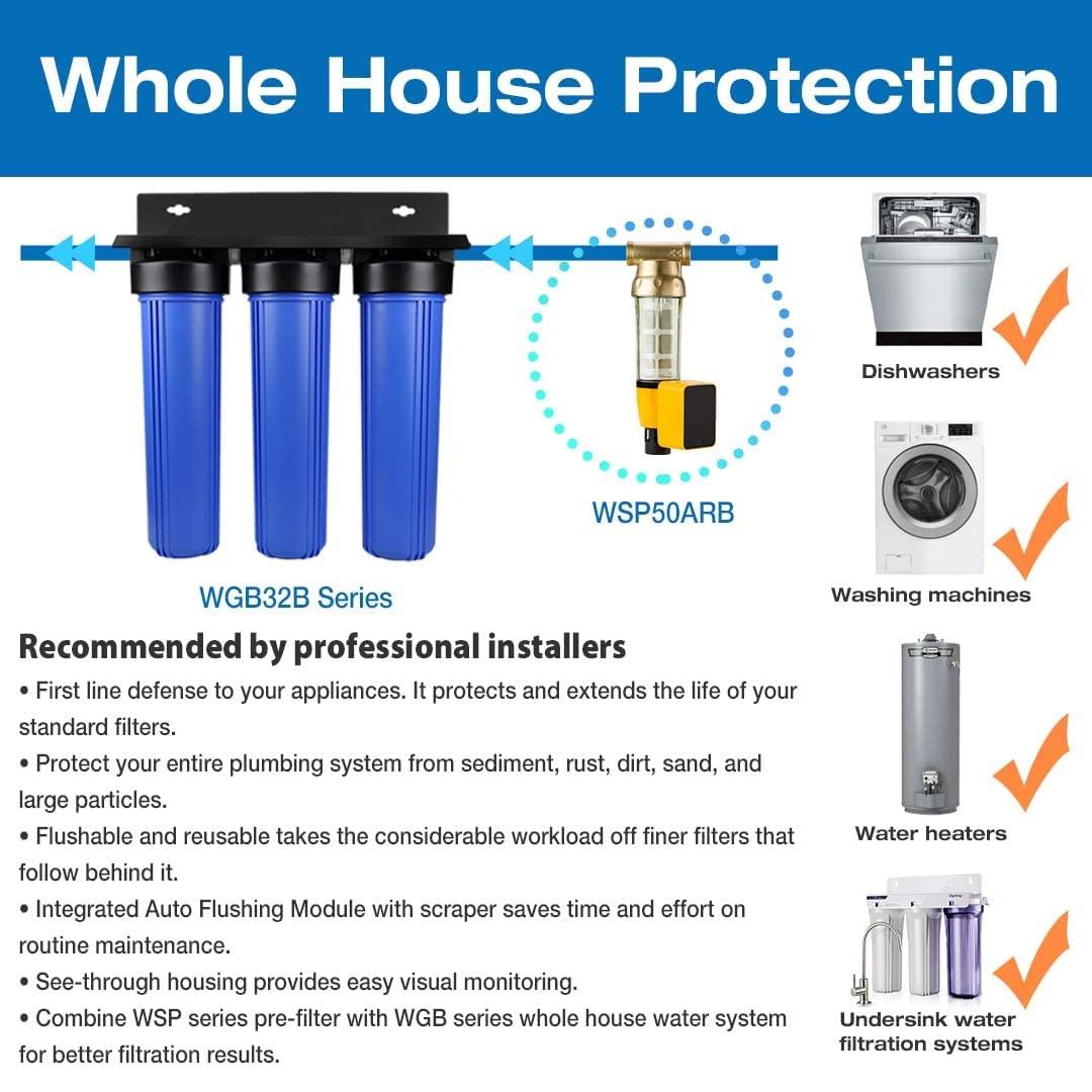iSpring iSpring Whole House Water Filter System, Highly Reduces Sediment, Taste, Odor, and up to 99% Chlorine, 3-Stage w/ 20-Inch Sediment and Carbon Block Filters, Model: WGB32B, 1\" Inlet/Outlet