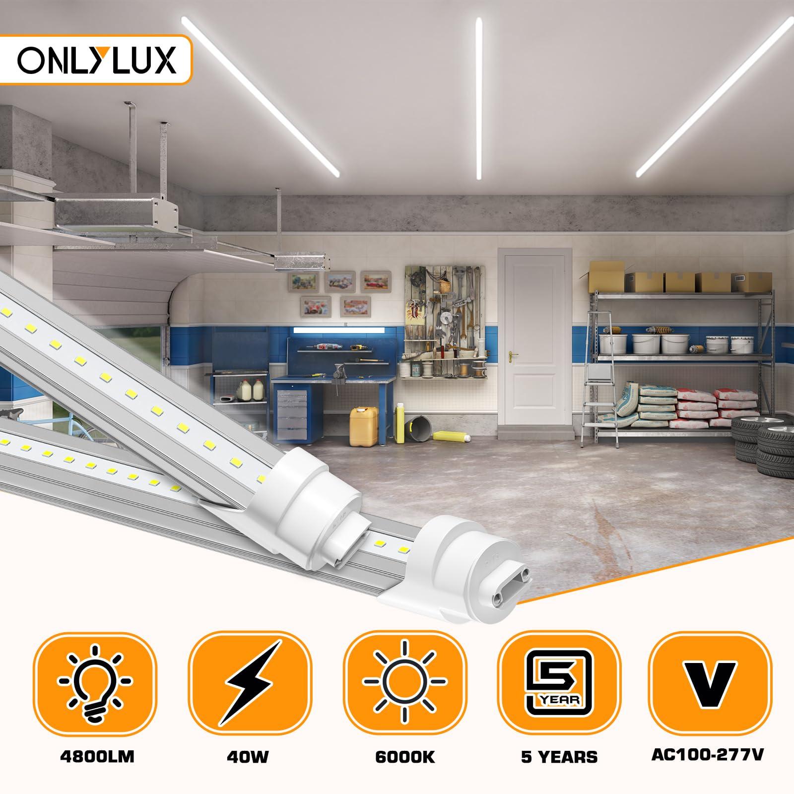 ONLYLUX ONLYLUX 8ft R17D LED Tube Light, F96t12 HO 8 Foot Led Bulbs, 96\'\' 8ft led Shop Light to Replace T8 T12 Fluorescent Light Bulbs, 100-277V Input, 4800LM, Cold White 6000K, Clear Lens (10 Pack)