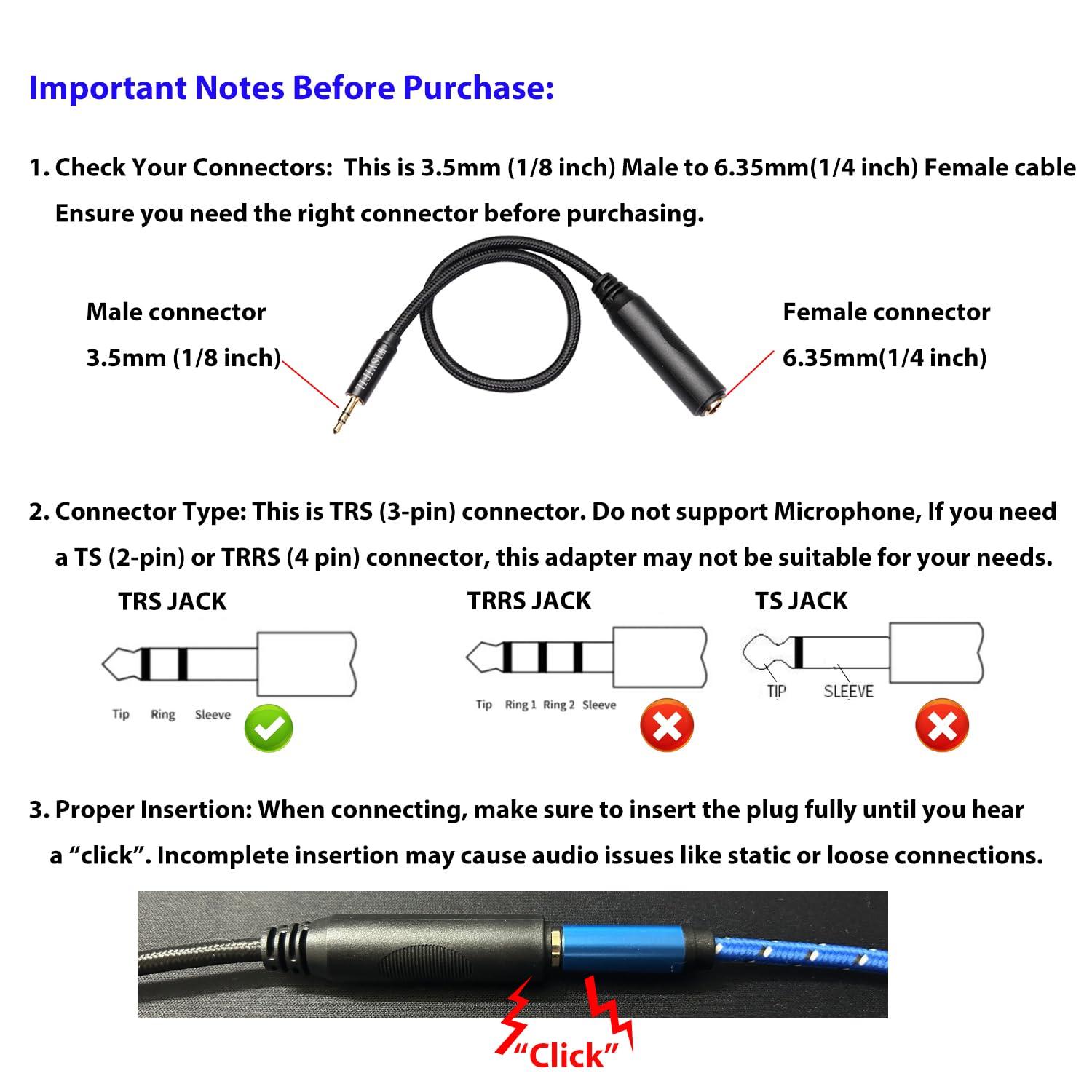 WISYIFIL WISYIFIL 1/4 to 3.5mm Headphone Cable Adapter,TRS 6.35mm Female to 3.5mm Male 1/8 to 1/4 Stereo Audio Adapter,for Headphone, Amplifiers, Guitar, Amp etc. Nylon Braided Cable 1ft (30cm)