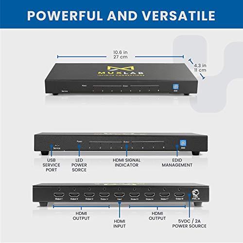 Muxlab MuxLab 1x8 HDMI Splitter | 1 in 8 Out| 4K@60HZ | 4:4:4 | HDR | HDMI 2.0 | HDCP 2.2 | TrueHD | Dolby Atmos | DTS:X | Use with 4K HDR Monitor for boardroom, Auditorium, Gaming, Digital Signage