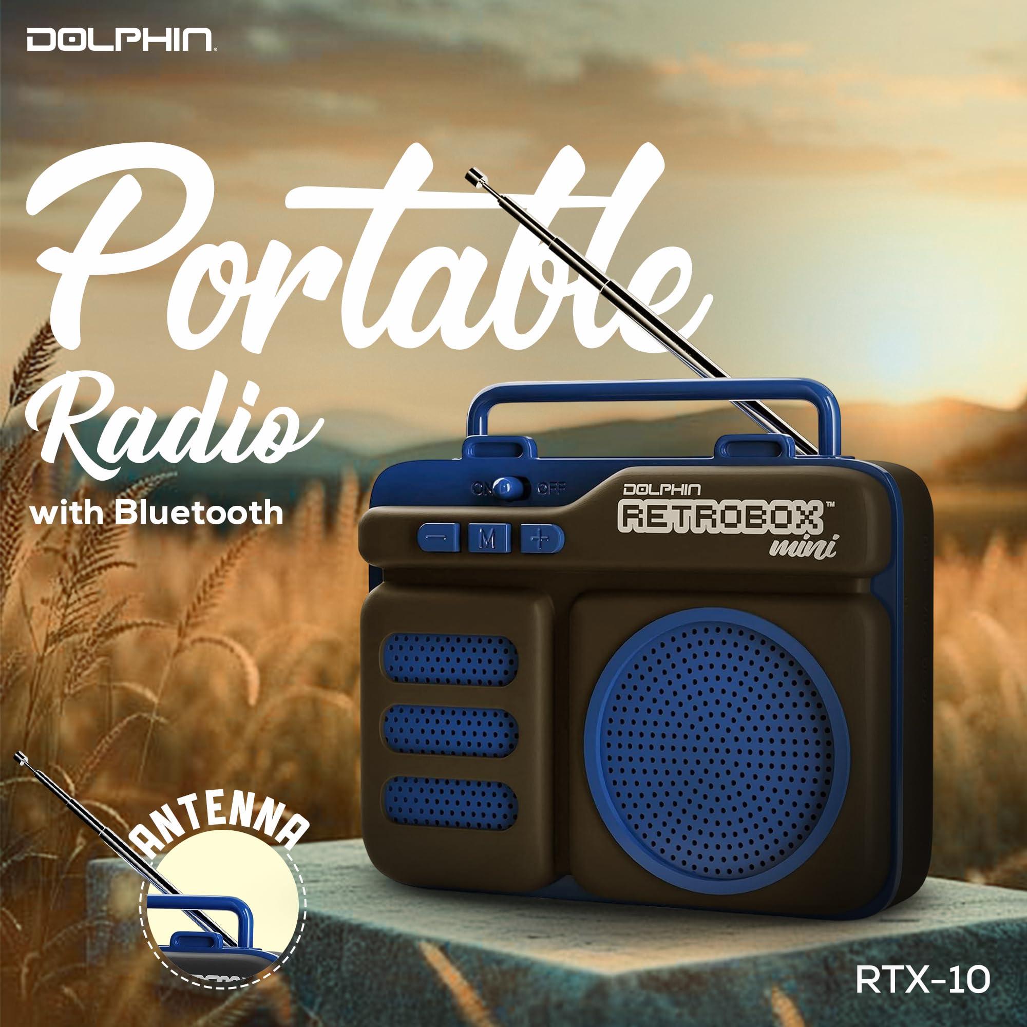 Dolphin Dolphin Retrobox Mini RTX-10 - Bluetooth Speakers with FM Radio, USB Drive, Micro SD Card MP3 Player, 3.5mm Aux Jack - Rechargeable Music Device, Up to 12 Hours Play Time, 2\" Full Range Woofer - Blue