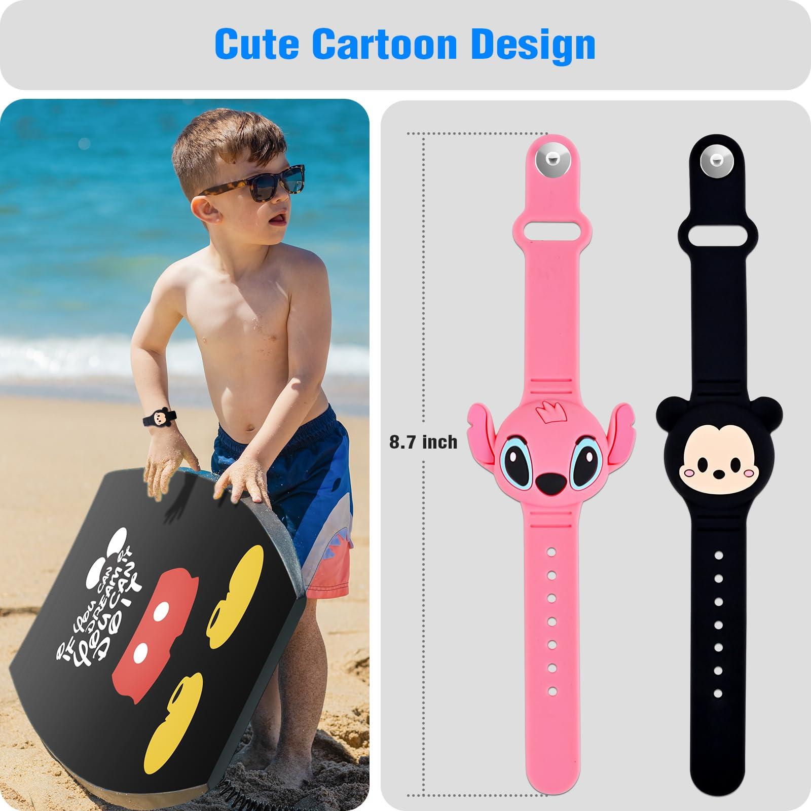 ZHOC 2 Pack AirTag Holder for Kids, Waterproof Airtag Bracelet for Kids with Cute Cartoon Design, Full Coverage Anti-Lost Silicone Airtag Accessories for Child, Healthy Material Pink + Blue