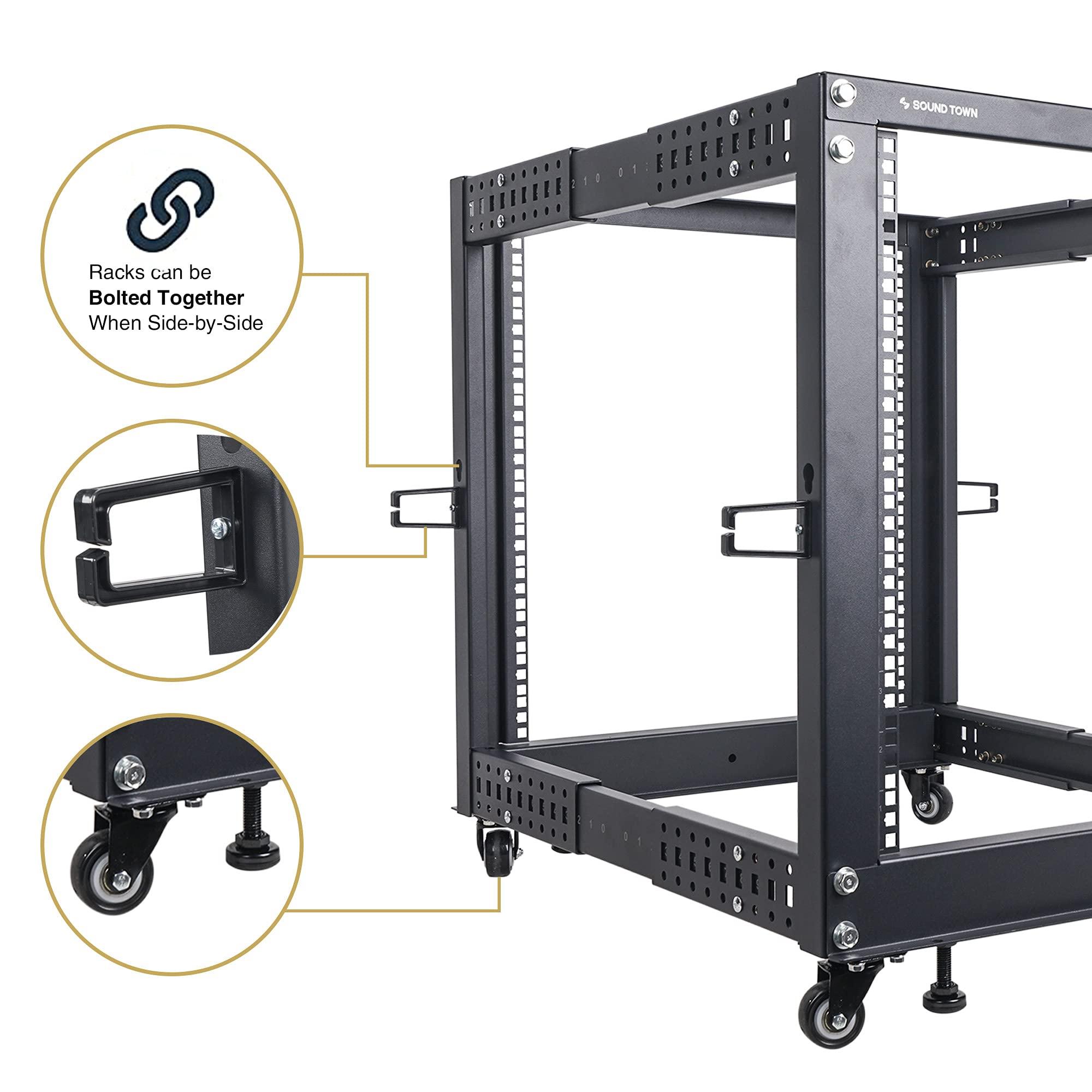 Sound Town Sound Town 4-Post 15U Open Frame Sever and Network Equipment Rack with Adjustable Depth 22"-40", Casters, Levelers, Cable Management (ST4POF-A15U)