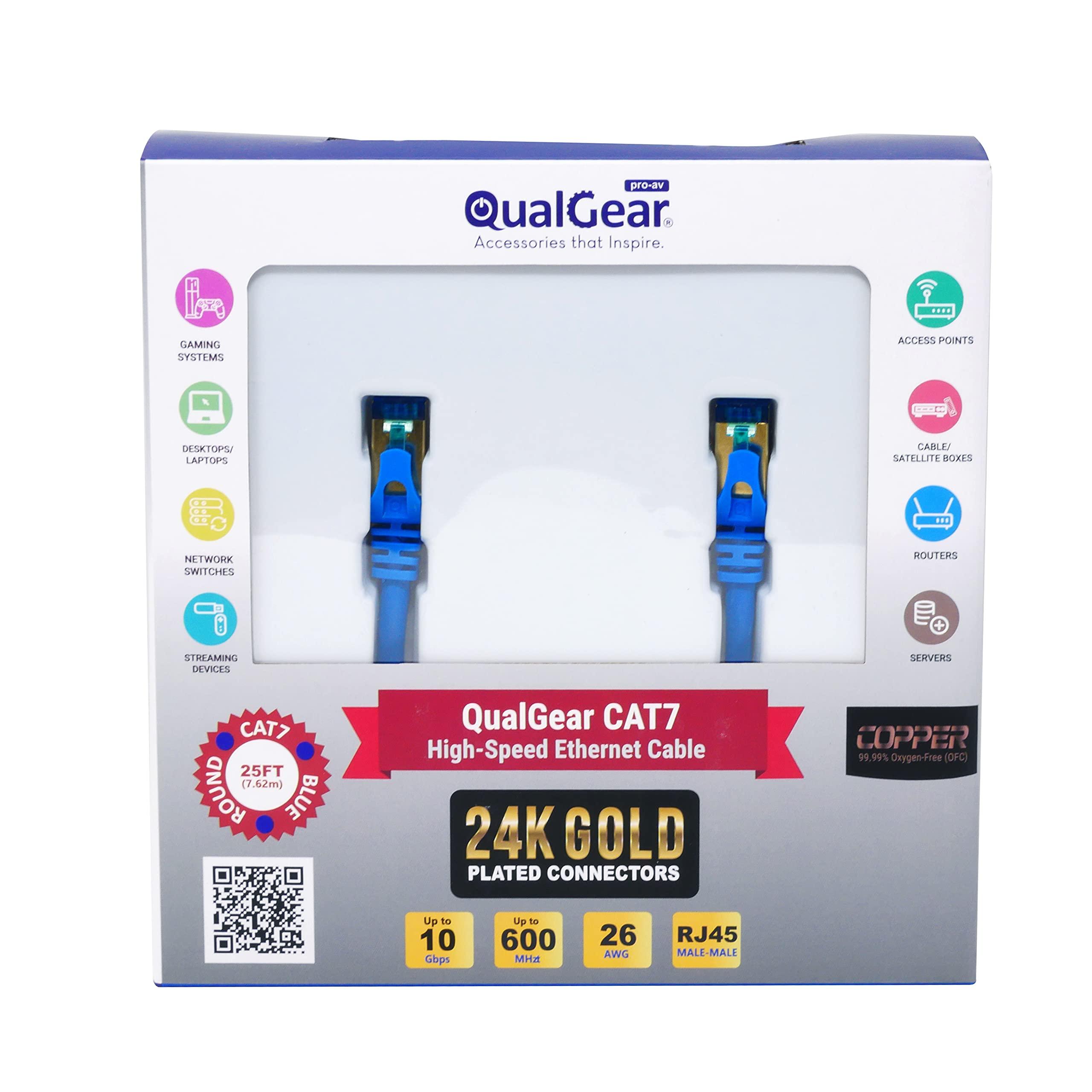 QualGear QualGear RJ45 Cat 7 Ethernet Patch Cable, 10Gpbs High-Speed Cable, 600MHz, Triple-Shielded, Round, 25 Feet, Blue