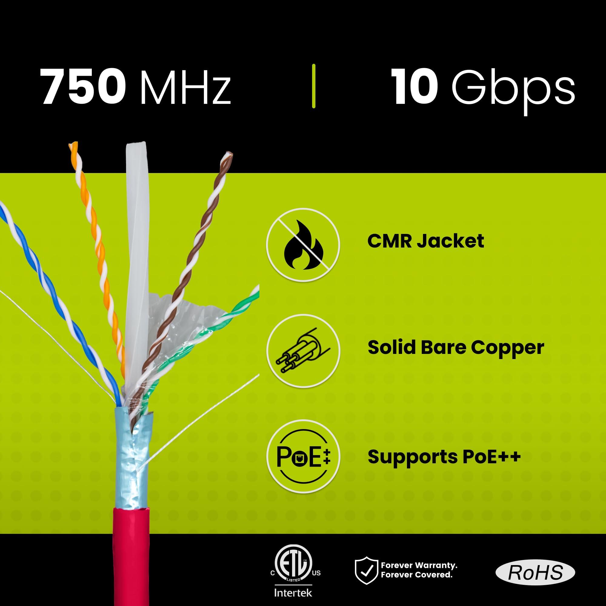 TRUE CABLE trueCABLE Cat6A Shielded Riser (CMR), 1000ft, Red, 23AWG Solid Bare Copper, 750MHz, PoE++ (4PPoE), ETL Listed, Overall Aluminum Foil Shield (F/UTP), Bulk Ethernet Cable