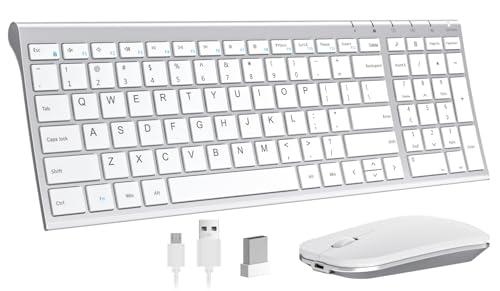 seenda seenda Rechargeable Wireless Keyboard Mouse, Ultra Thin Low Profile Wireless Keyboard and Mouse with Number Pad, Quiet Portable Combo Compatible for Windows XP/7/8/10/11/11 Pro, Silver White