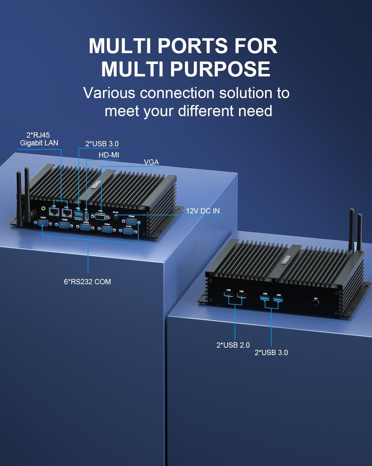VENOEN VENOEN Mini PC Industrial Computer Core i5 4200U, Dual LAN Fanless PC 8GB RAM 512GB SSD, 6*RS232 COM, 4K Dual Display, WiFi, BT4.0, 3G/4G SIM Slot, Linux Mini Computer, Auto Power On, Wake on LAN