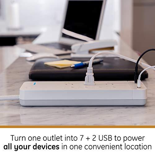 GE home electrical GE UltraPro 7 Outlet Surge Protector, USB-C Charging, 4 ft Designer Braided Extension Cord, 1440 Joules, Compatible w/ iPhone 15/14/Pro/Max/13/12/11/X, Galaxy, Google Pixel, White, 41355