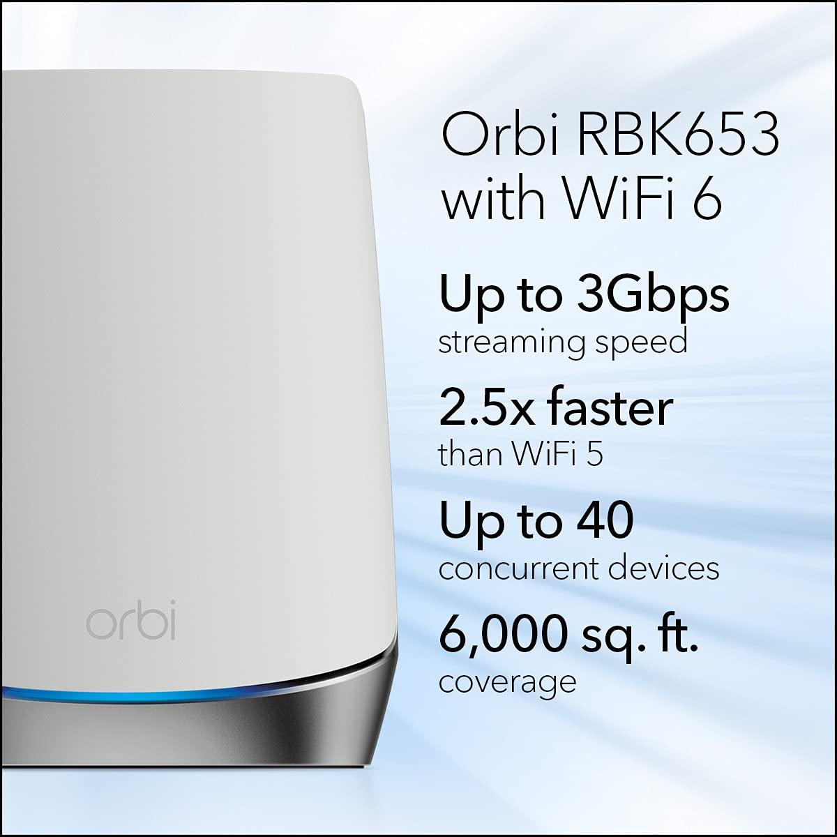 NETGEAR NETGEAR Orbi Whole Home Tri-Band Mesh WiFi 6 System (RBK653) Router with 2 Satellite Extenders, Coverage Up to 6,000 Square Feet, 40 Devices, AX3000 (Up to 3Gbps)