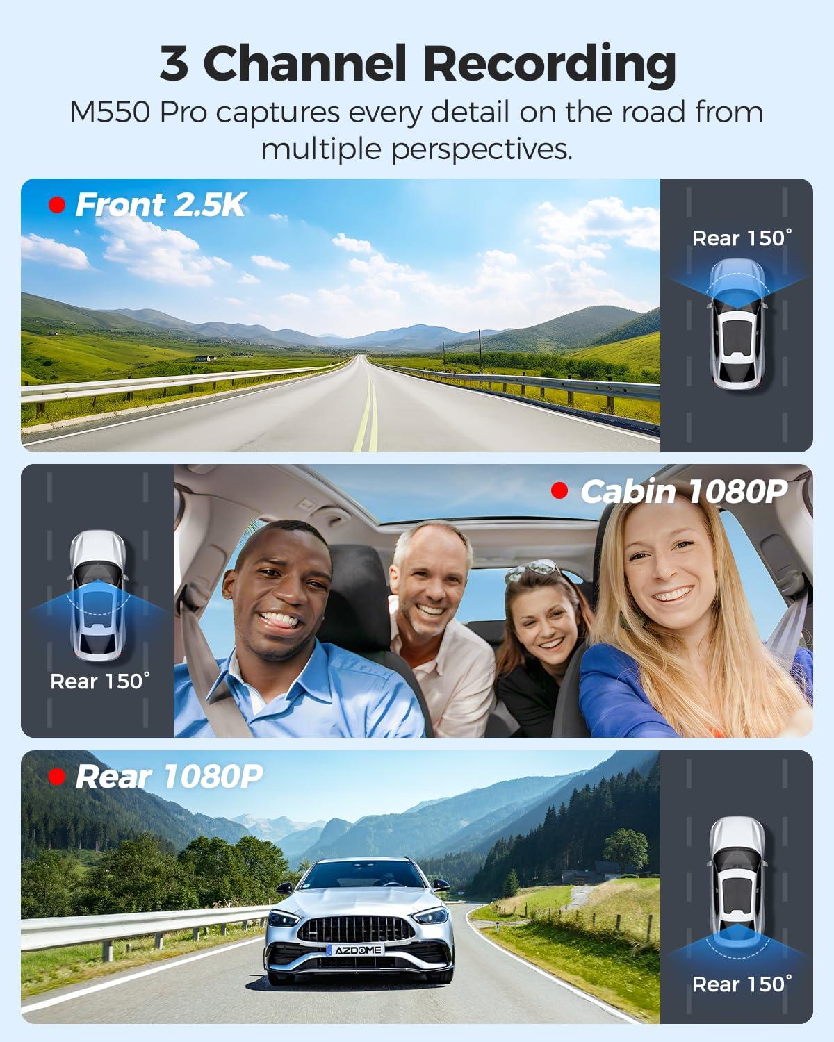 AZDOME AZDOME M550 Pro 5G WiFi 3 Channel Dash Cam Built-in GPS, 4K Dual Dash Camera Front and Rear with 64GB Card, 2.5K+1080P+1080P Triple Car Camera, 3.19" IPS Screen, IR Night Vision, 24H Parking Mode