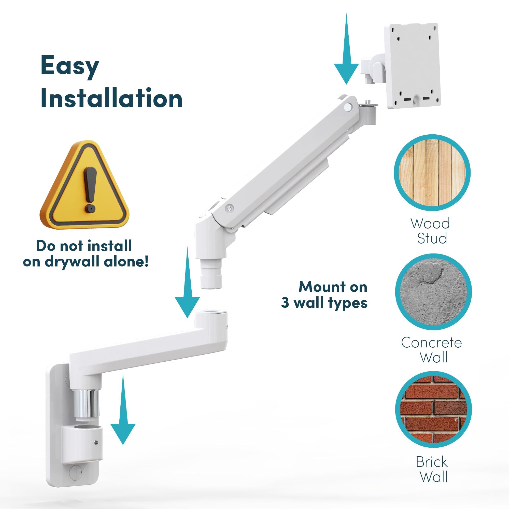 QUARX Monitor Wall Mount for 17-49 Inch Ultrawide Monitors, Single Monitor Arm Holds 4.4-44 lbs Screens, Adjustable Premium Aluminum Wall Mount with Max VESA 100x100 for Samsung Odyssey G9 and More, White