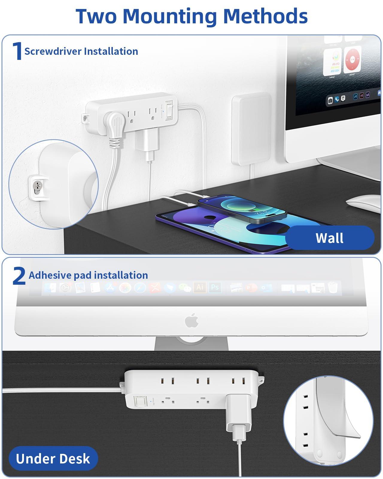 PAEWOK Flat Outlet Extender with Detachable Outlet Cover, Flat Wall Extension Cord with 6 Sockets, Flat Plug Power Strip with 5 FT Cord Hidden for Home, Office, College Dorm, White