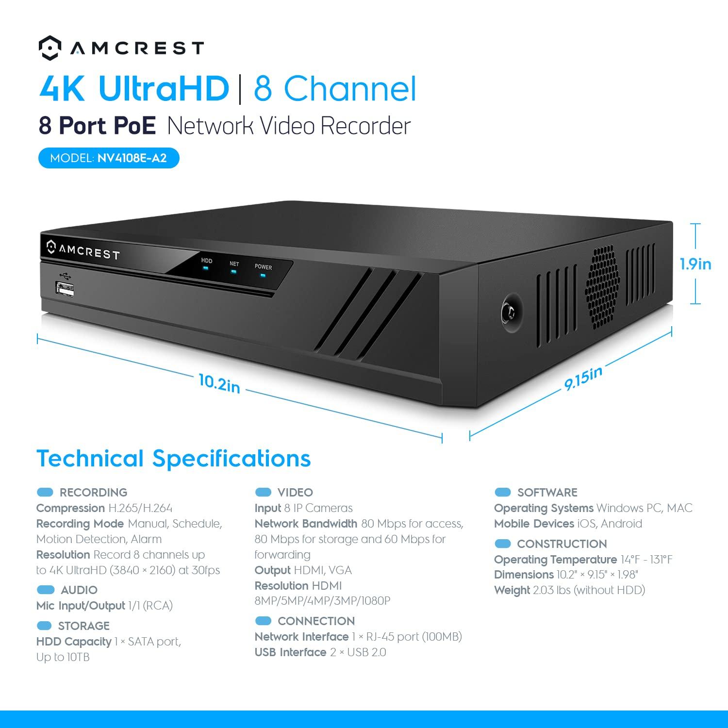 Amcrest Amcrest NV4108E-A2 4K 8CH POE NVR (1080p/3MP/4MP/5MP/8MP) POE Network Video Recorder - Supports up to 8 x 8MP/4K IP Cameras, 8-Channel Power Over Ethernet Supports up to 10TB HDD (Not Included)
