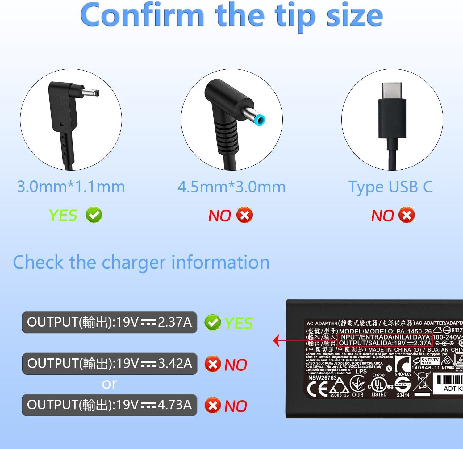 Smsutu N20C5 N23C3 N20C4 N19H2 45W 3.0*1.1mm AC Charger Fit for Acer A515-45-R74Z A515-46 A315-23 A315-24P A115-31 A515-56 A115-32 A515-58 ADP-45FE F PA-1450-26 A13-045N2A AK.045AP.075 Adapter Laptop Power
