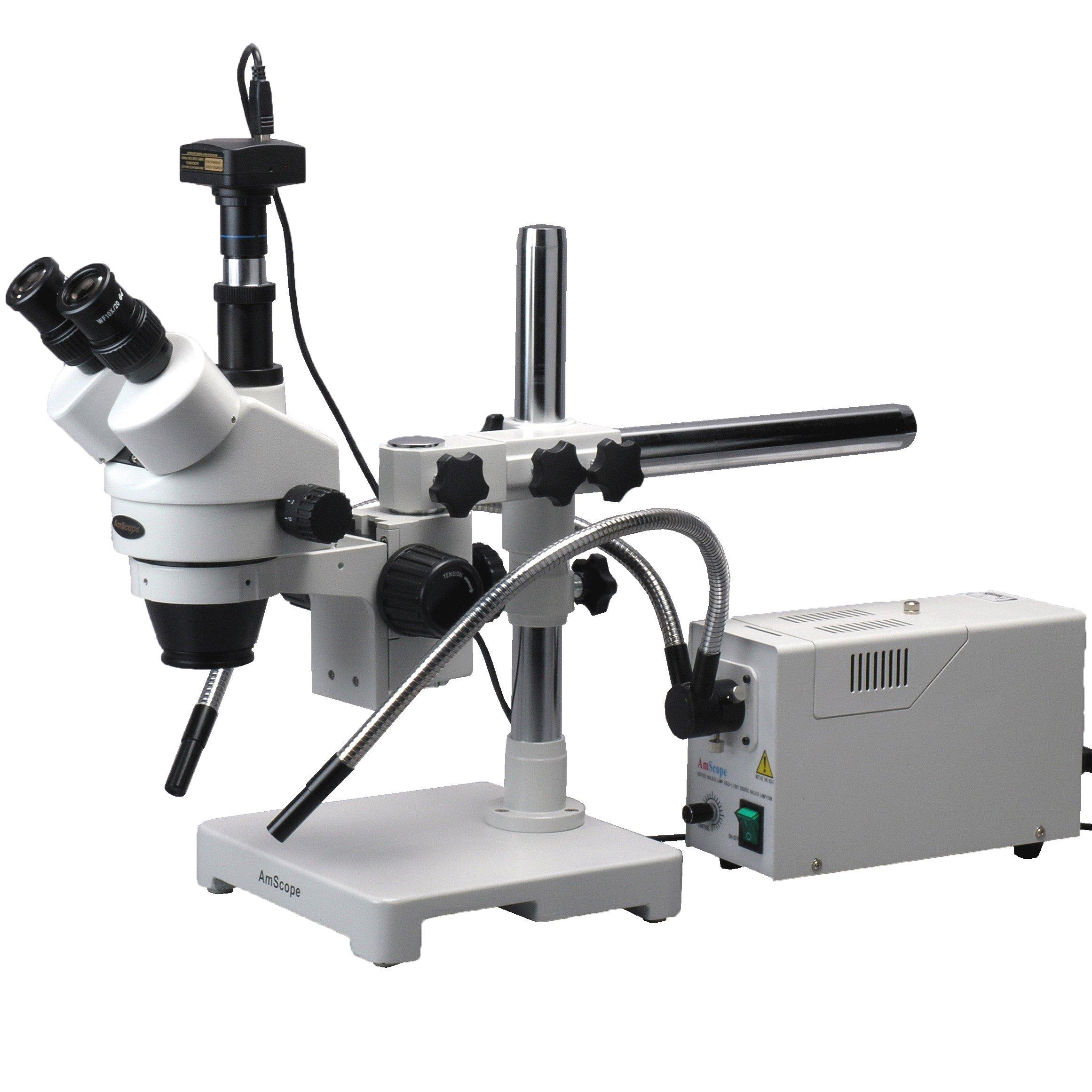 AmScope AmScope SM-3TZ-FODR-10M Digital Professional Trinocular Stereo Zoom Microscope, WH10x Eyepieces, 3.5X-90X Magnification, 0.7X-4.5X Zoom Objective, Fiber Optic Dual-Gooseneck and Ring Light, Single-Arm Boom Stand, 110V-120V, Includes 0.5X and 2.0X Bar