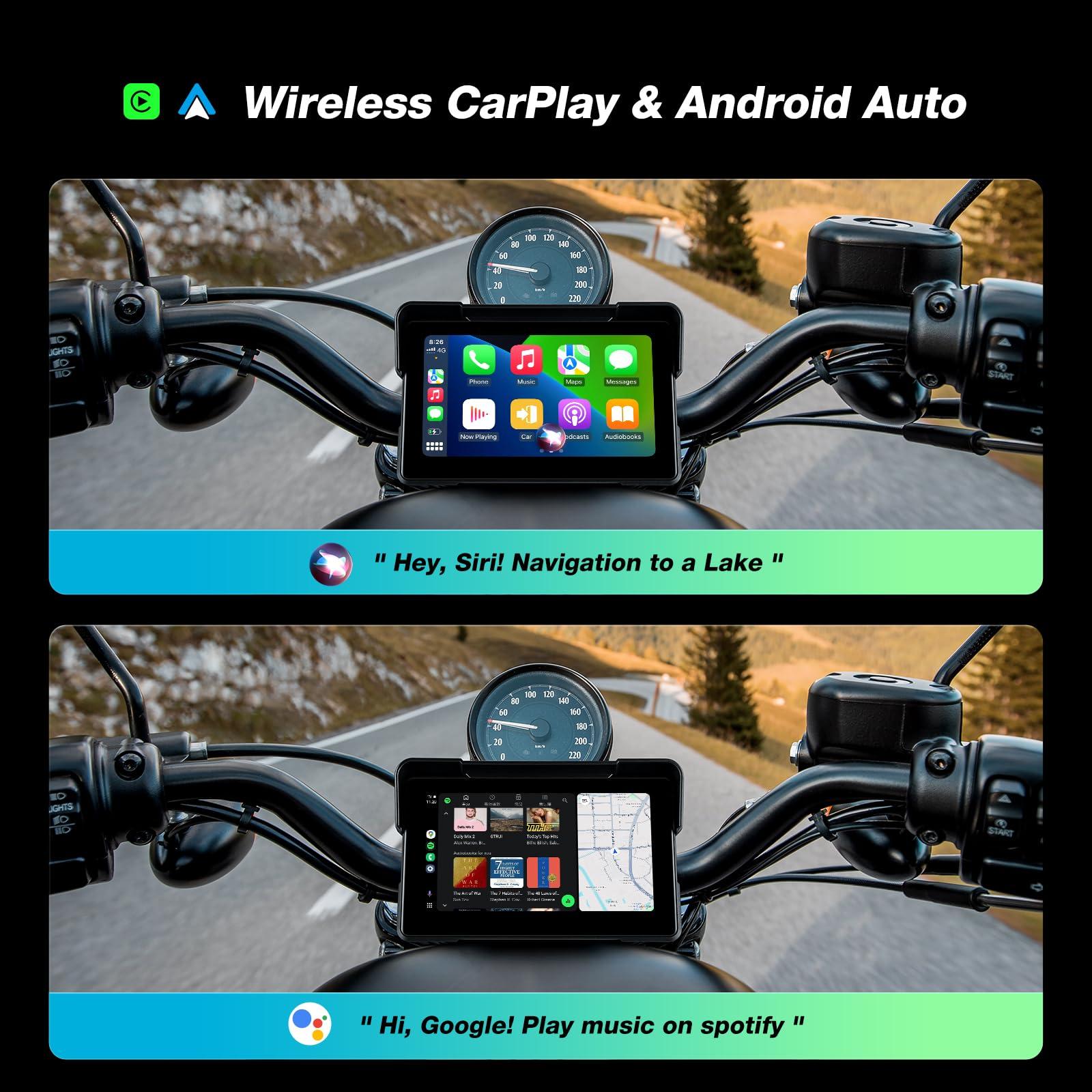 GTRUI 7 Inch Portable CarPlay for Motorcycle, Waterproof Touchscreen Wireless Car Play Android Auto Screen GPS Navigation for Motorbike, Siri Voice Control Dual Bluetooth TF-64G (M570 w/Cameras)