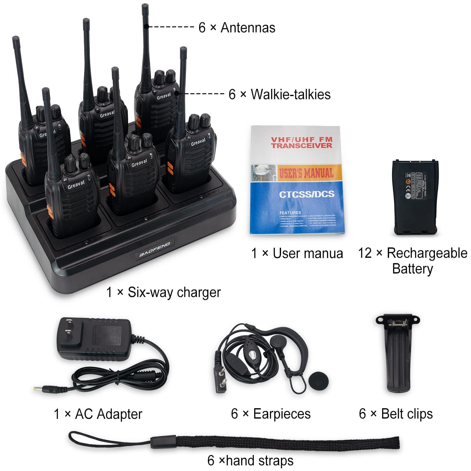 Greaval Greaval GV-8S Long Range Walkie Talkies with Six-Way Multi-Unit Charger for Adults, 6 Pack Rechargeable Walkie Talkies with 12 Li-ion Batteries, Two-Way Radio with Earpieces and Mic