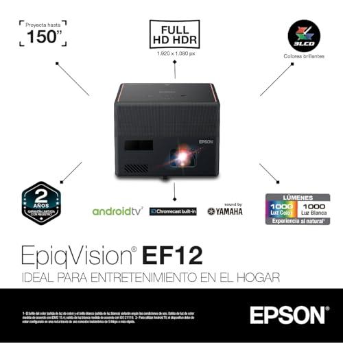 Epson Epson EpiqVision Mini EF12 Smart Streaming Laser Projector, HDR, Android TV, Movies, Family Gaming, Portable, sound by Yamaha, 3LCD, Full HD 1080p, 1000 lumens Color & White Brightness Bluetooth Black