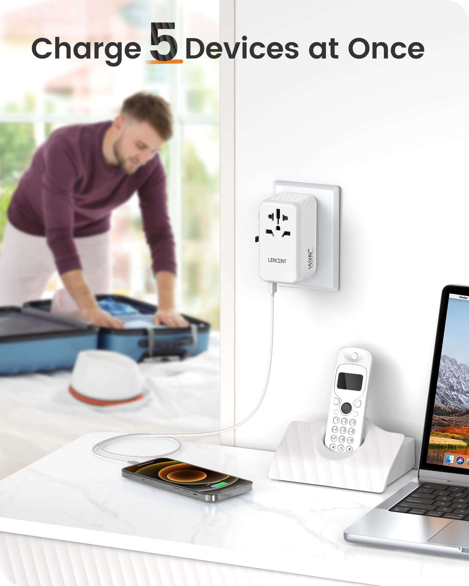 LENCENT LENCENT 140W Universal Travel Adapter, International Plug Adaptor, GaN Fast Charger with 3 PD3.1 Type C+1 QC USB A, All in One Travel Essentials, Worldwide Plug Adapter for USA/UK/EU/AU, White