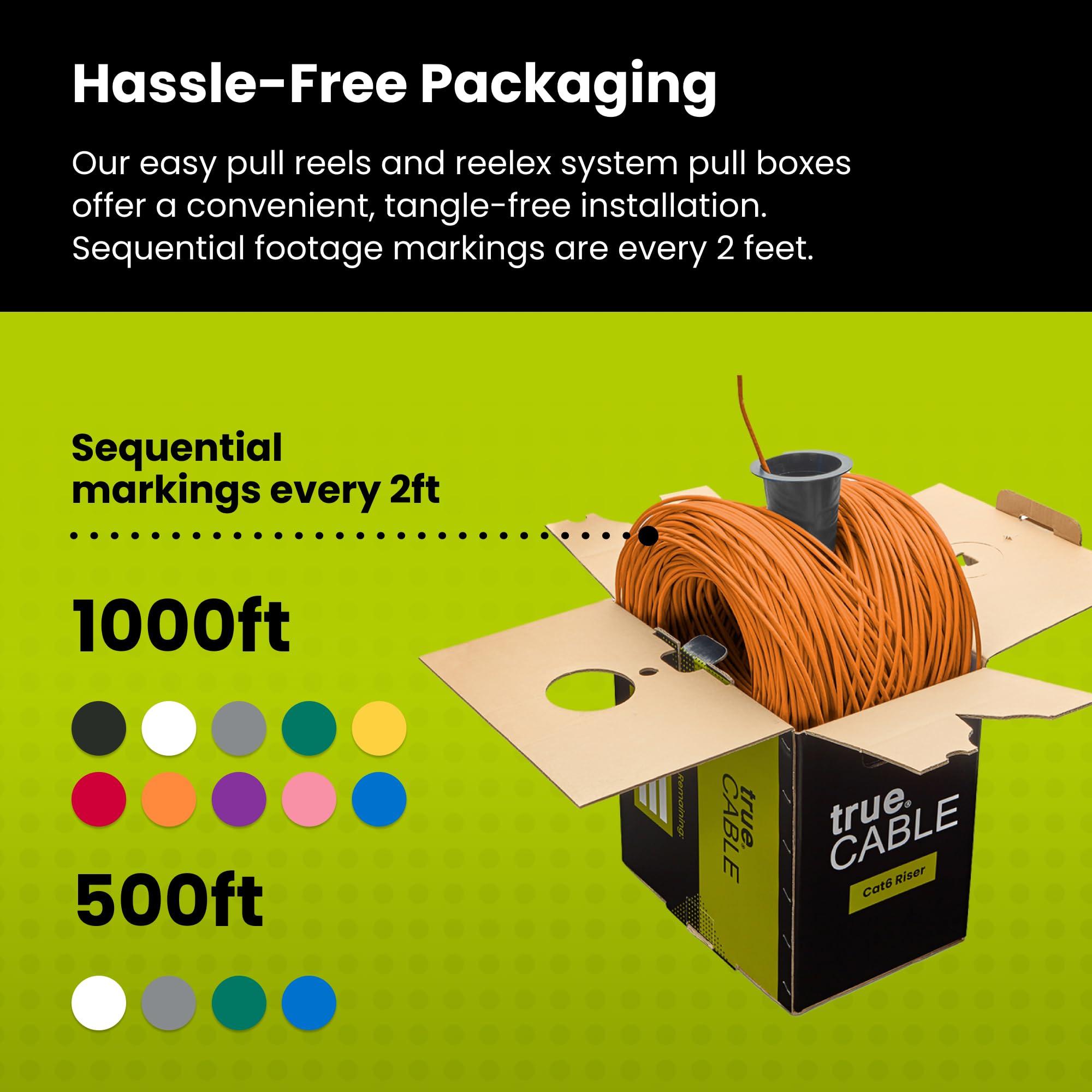 TRUE CABLE trueCABLE Cat6 Riser (CMR), 1000ft, Orange, 23AWG 4 Pair Solid Bare Copper, 550MHz, PoE++ (4PPoE), ETL Listed, Unshielded Twisted Pair (UTP), Bulk Ethernet Cable