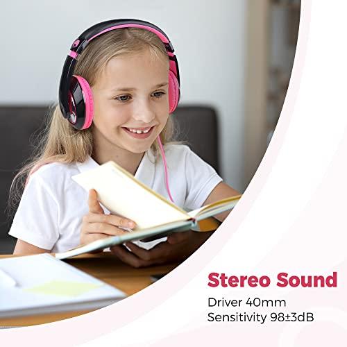 rockpapa rockpapa Comfort Kids Headphones for School, Lightweight Childrens Boys Girls Teens Over-Ear Headphones Wired 3.5mm for CD DVD Player Tablet Phone Travel Black/Pink