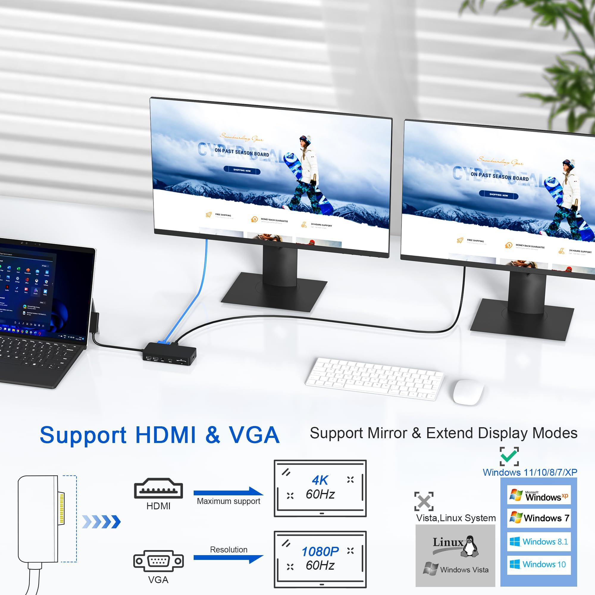 Rytaki New Microsoft Surface Dock Triple Display Dual 4K@60Hz HDMI+VGA, 11 in 1 Surface Docking Station for Surface Pro 10/9/X/8/7/6/5/4/3, Surface Laptop 6/5/4/3/2/1, Surface Laptop Go 3/2/1, Surface Book