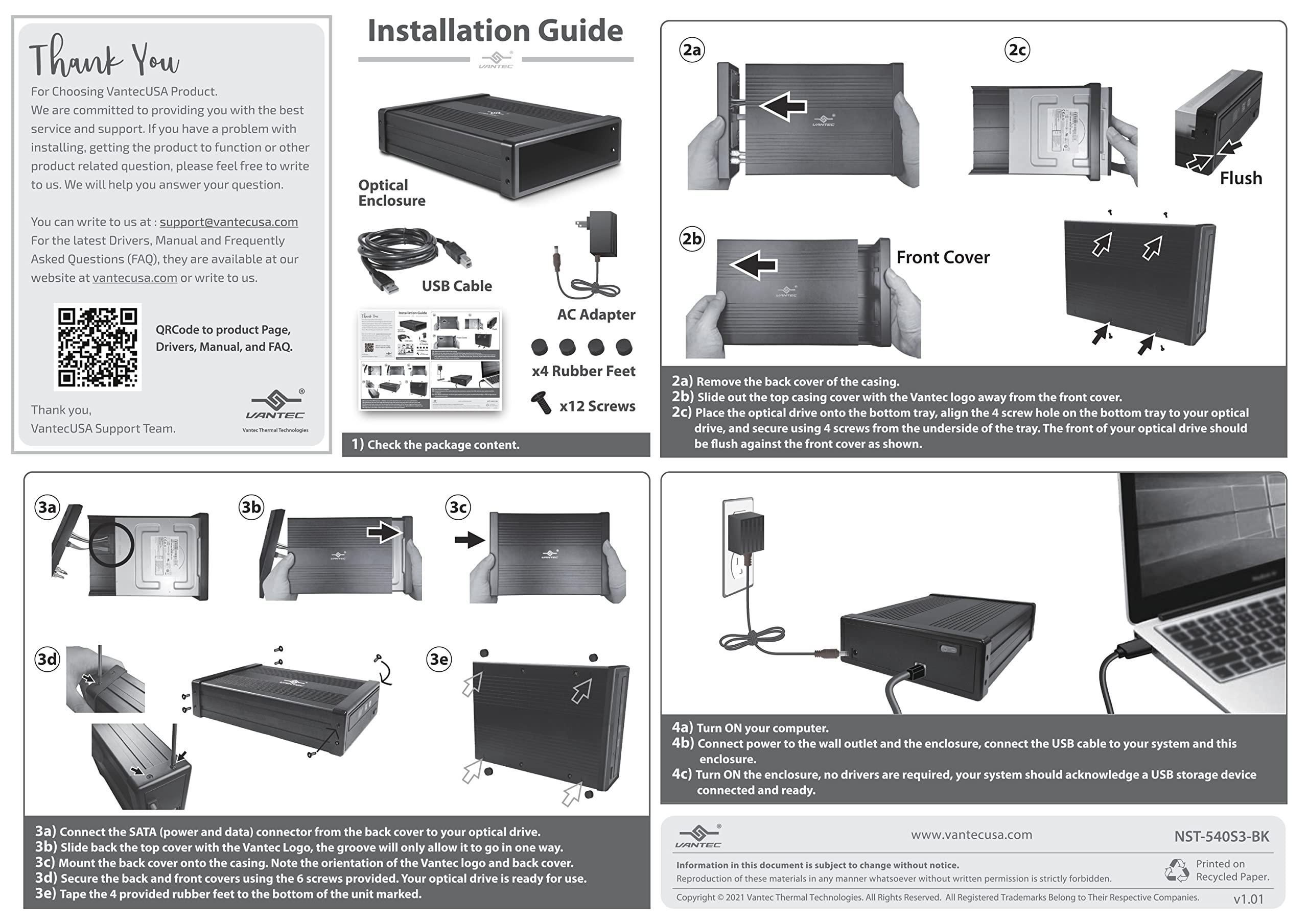 Vantec Vantec NexStar DX2 USB 3.0 External Enclosure Design for 5.25\" Blu-Ray/CD/DVD SATA Drive, Second Generation of DX, No Drivers Needed, Aluminum Alloy (NST-540S3-BK)