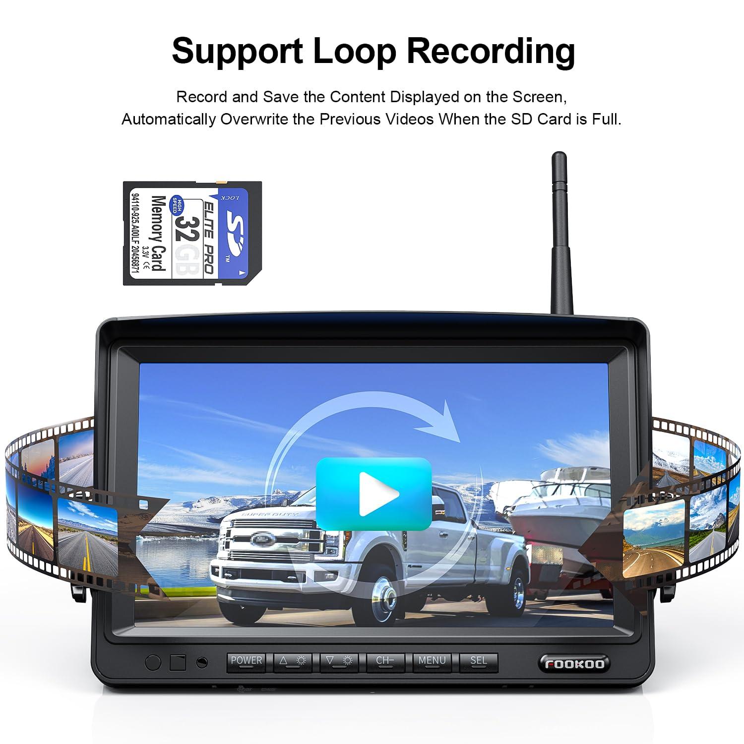 Fookoo Fookoo 1080P 7" Wireless Backup Camera System, 7" HD Dual/Quad Split Monitor with Recording, IP69 Waterproof Rear View Front View Cameras with Parking Lines, Suits for RV/Truck/Trailer/Van/Bus(DW702)