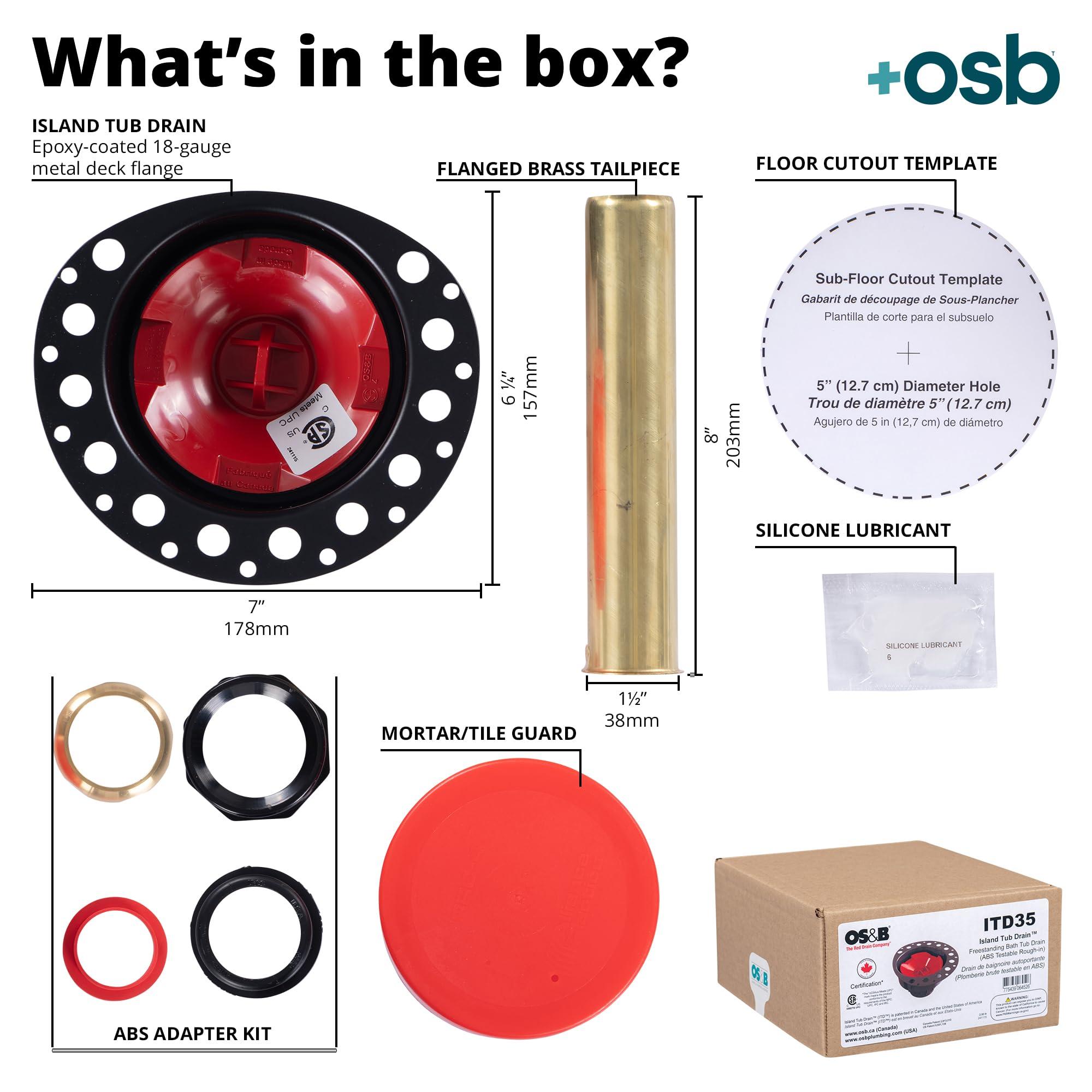 osb OS&B ABS Island Tub Drain Rough-in for Freestanding Bathtub, Simplifies Installation, Water, Air, and Smoke Testable Tub Drain, Designed for 8\"/10\" Joist Space, Plumbing Supplies