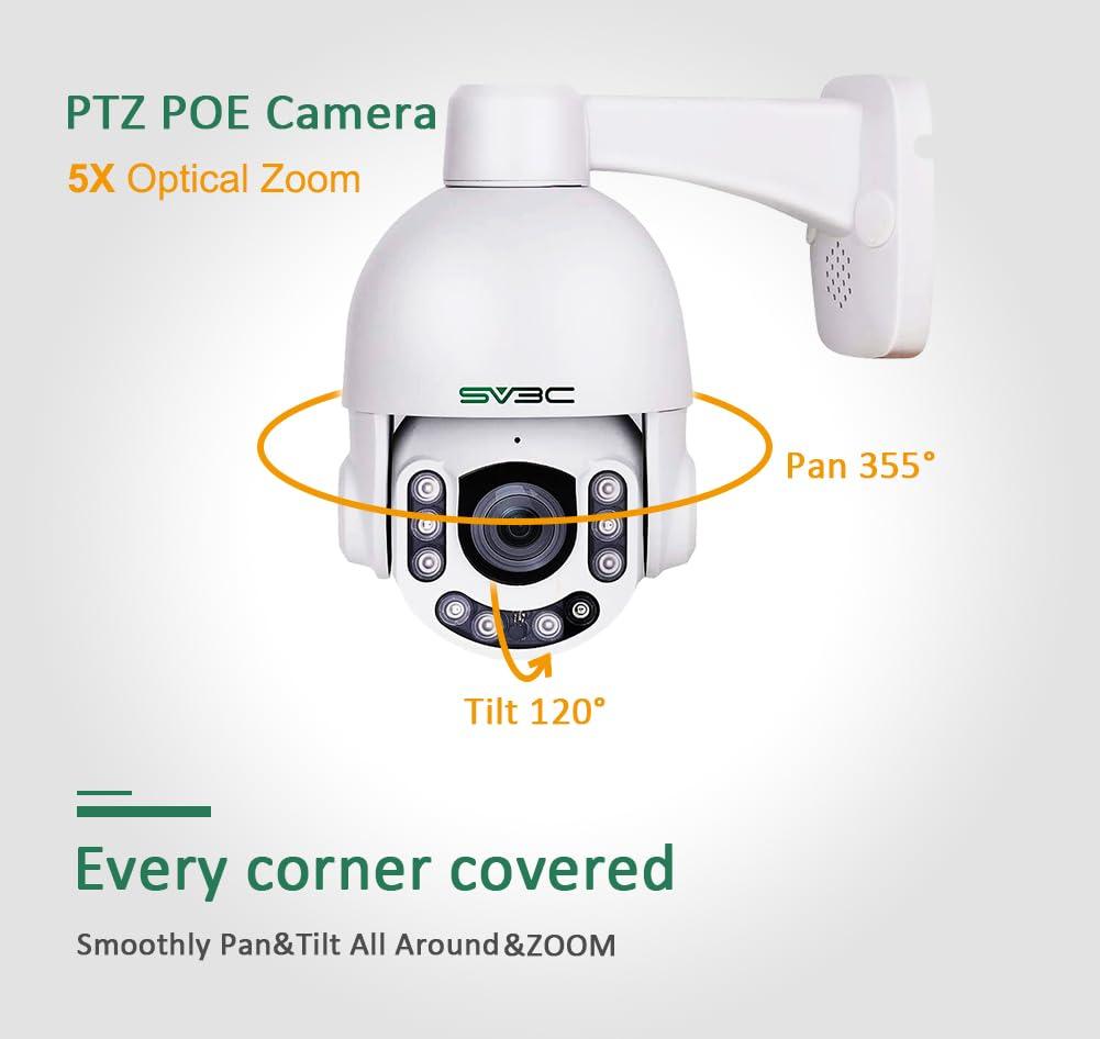 SV3C SV3C POE PTZ Security Camera Outdoor 5MP Auto Tracking 5X Optical Zoom Floodlight Color Night Vision IP Camera, 2-Way Audio, Metal Shell, RTSP, FTP, SD Card Record, PC, APP, Onvif Conformant, Wired