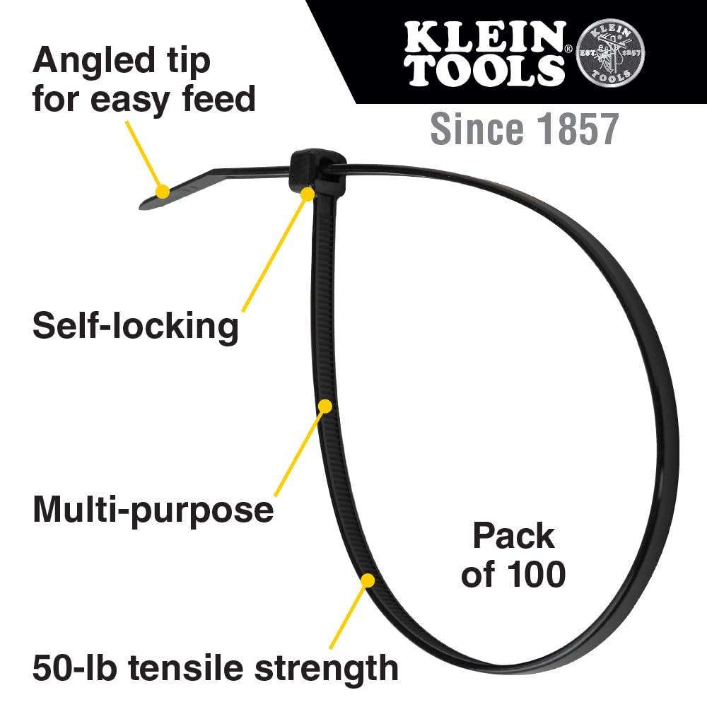 Klein Tools Klein Tools 450-200 Cable Ties, 50-Pound Tensile Strength, Heavy Duty Nylon Cable Zip Ties, Indoor / Outdoor Use, 7.75-Inch, Black, 100-Piece