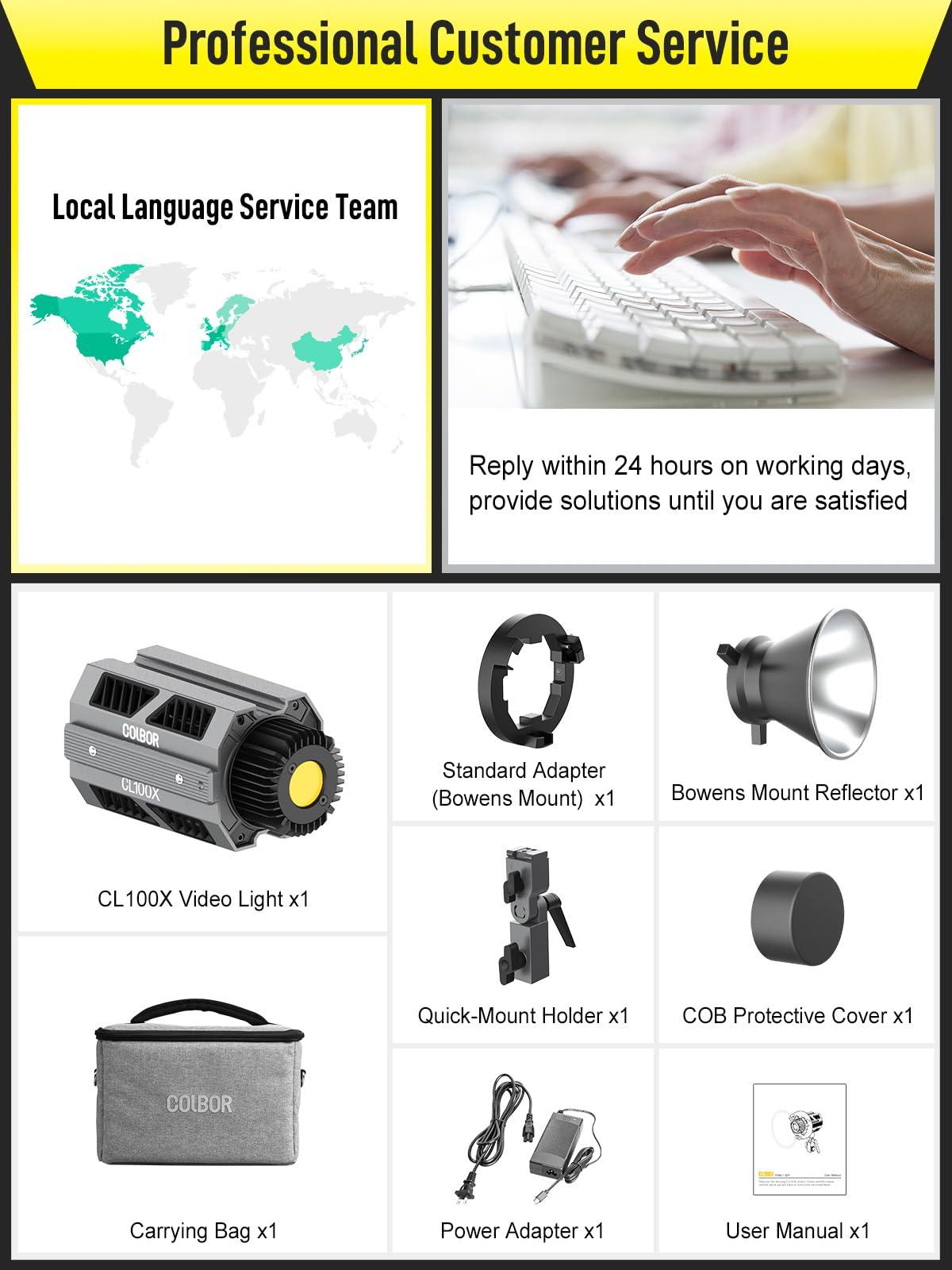 Moman Video Light, Colbor CL100X 110W Bi-Colour Video Light 2700K-6500K CRI97+ COB Continuous Aluminium with Bowens Mount APP Control 10 Light Effect for Photography, Daylight LED Video Light Photo Studio