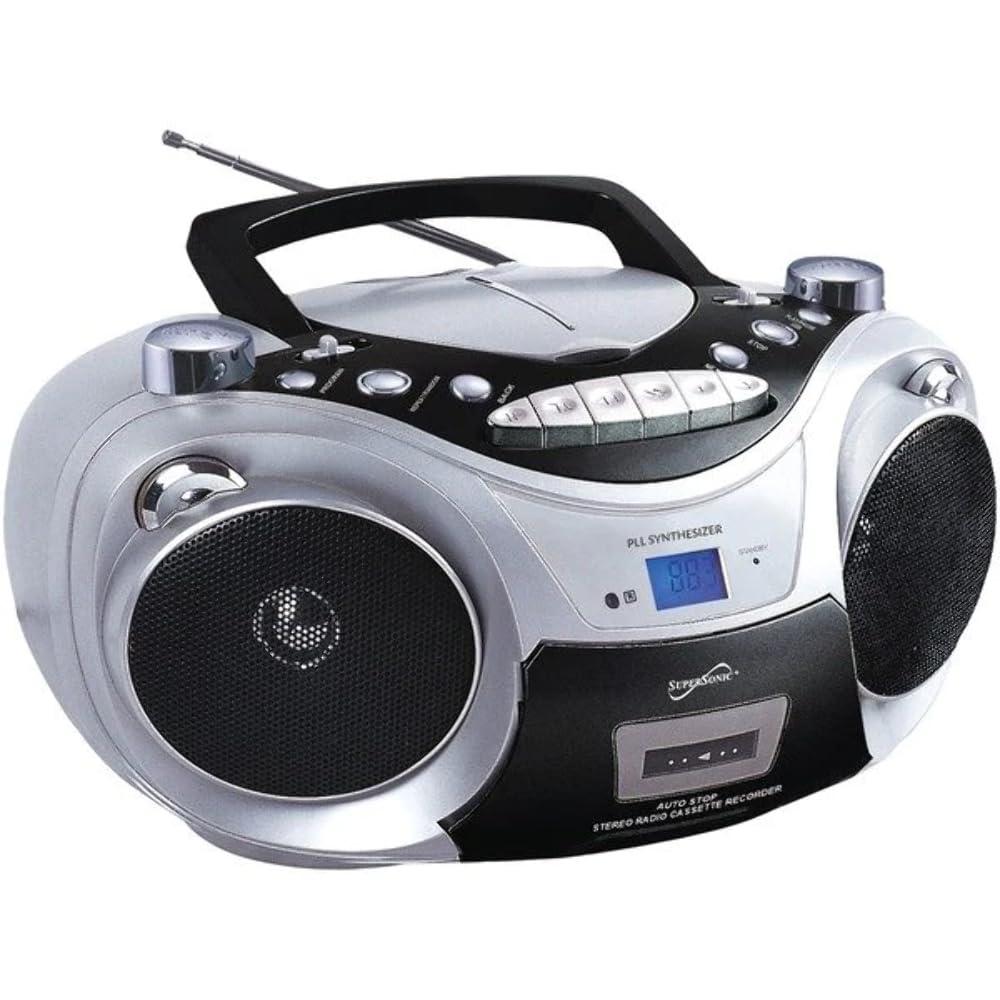 Supersonic Supersonic SC-739BT Top Loading CD Boombox Player with Wireless Bluetooth, AM/FM Radio, Cassette Recorder, USB Input, LCD Display, and Remote Control - MP3/CD/CD-R/CD-RW Compatible (Silver)