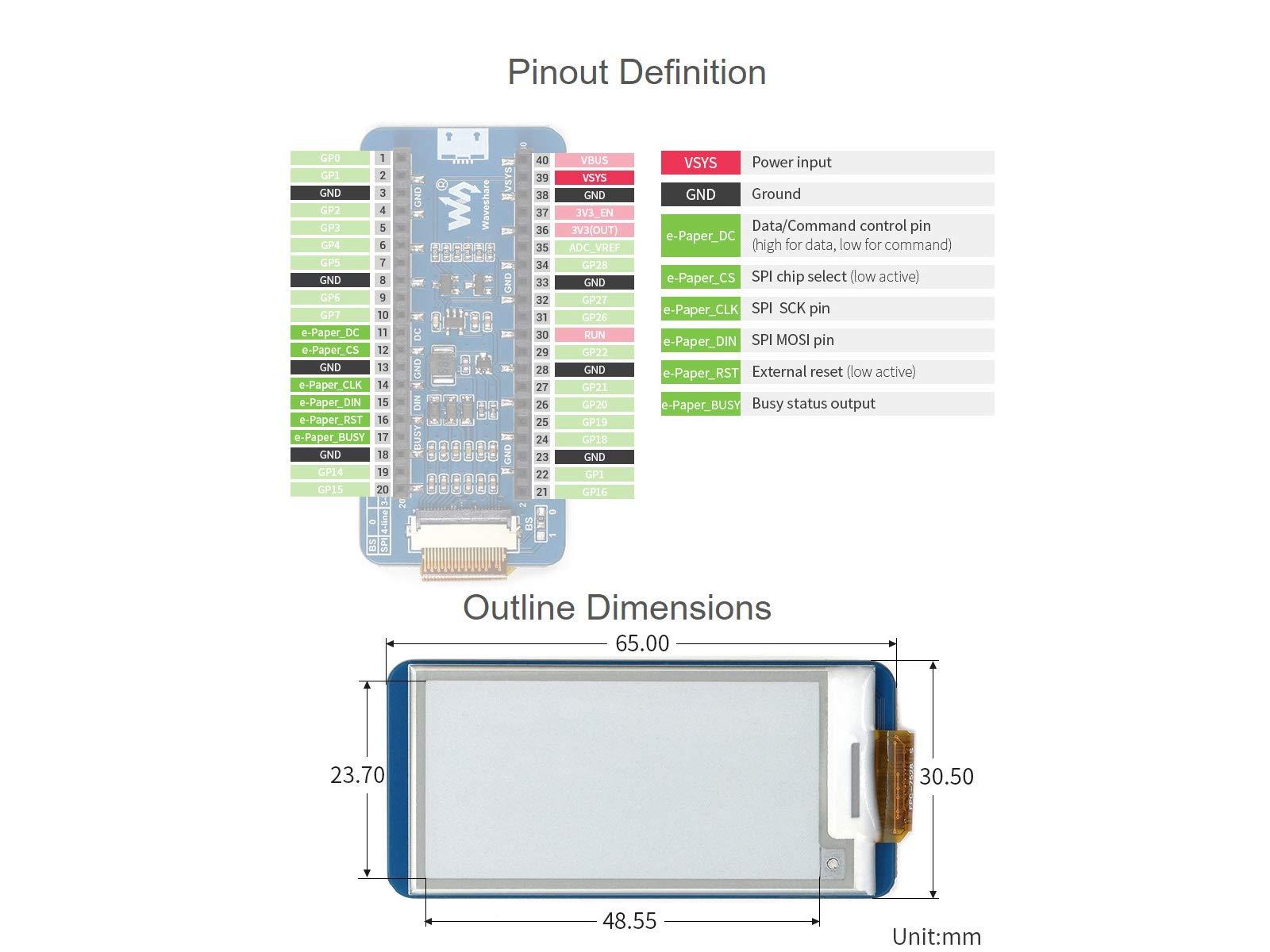 waveshare waveshare 2.13inch E-Ink Display HAT 250122 Pixels Black White Two Color E-Paper Module epaper Screen for Raspberry Pi Pico Microcontroller Board,Support Partial Refresh