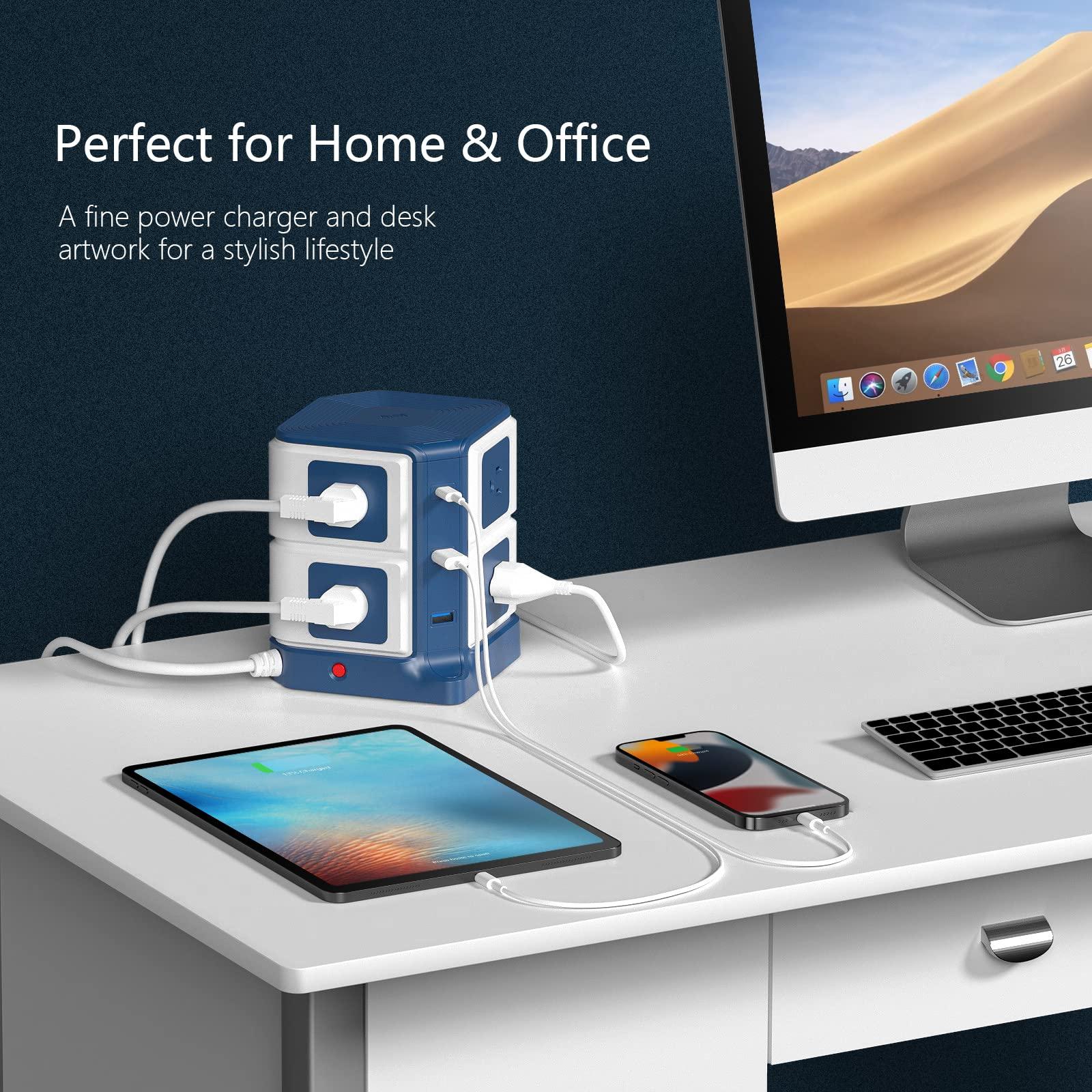 BESTEK Power Strip Tower with PD20W USB C, BESTEK 8-Outlet and USB Charging Ports 2100 Joules Surge Protector, 5 Feet Extension Cord Flat Plug, ETL Listed