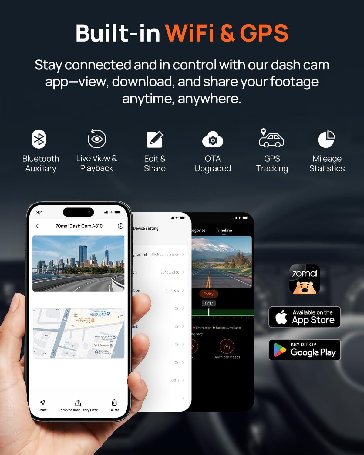 70mai 70mai A810 4K Dash Cam Front and Rear, Dual Dash Camera for Cars with Starvis 2 HDR Night Vision, ADAS, Built in GPS&WiFi, 4G Support, 24/7 Parking Mode, AI Motion Detection, Time-Lapse, APP Reminder