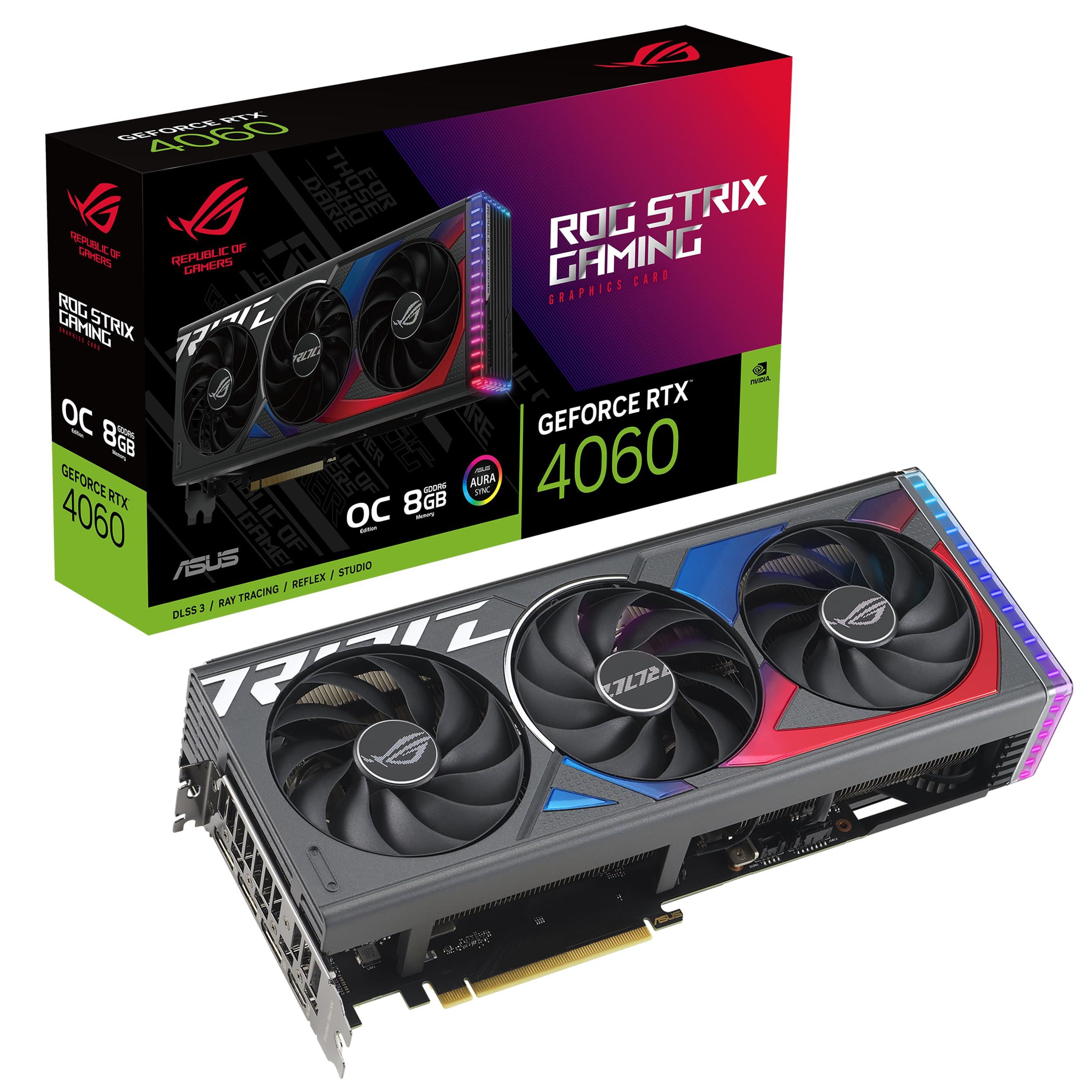 ASUS ASUS ROG Strix GeForce RTX 4060 OC Edition Gaming Graphics Card (PCIe 4.0, 8GB GDDR6, DLSS 3, HDMI 2.1a, DisplayPort 1.4a, Axial-tech Fan Design, Aura Sync, 0dB Technology)