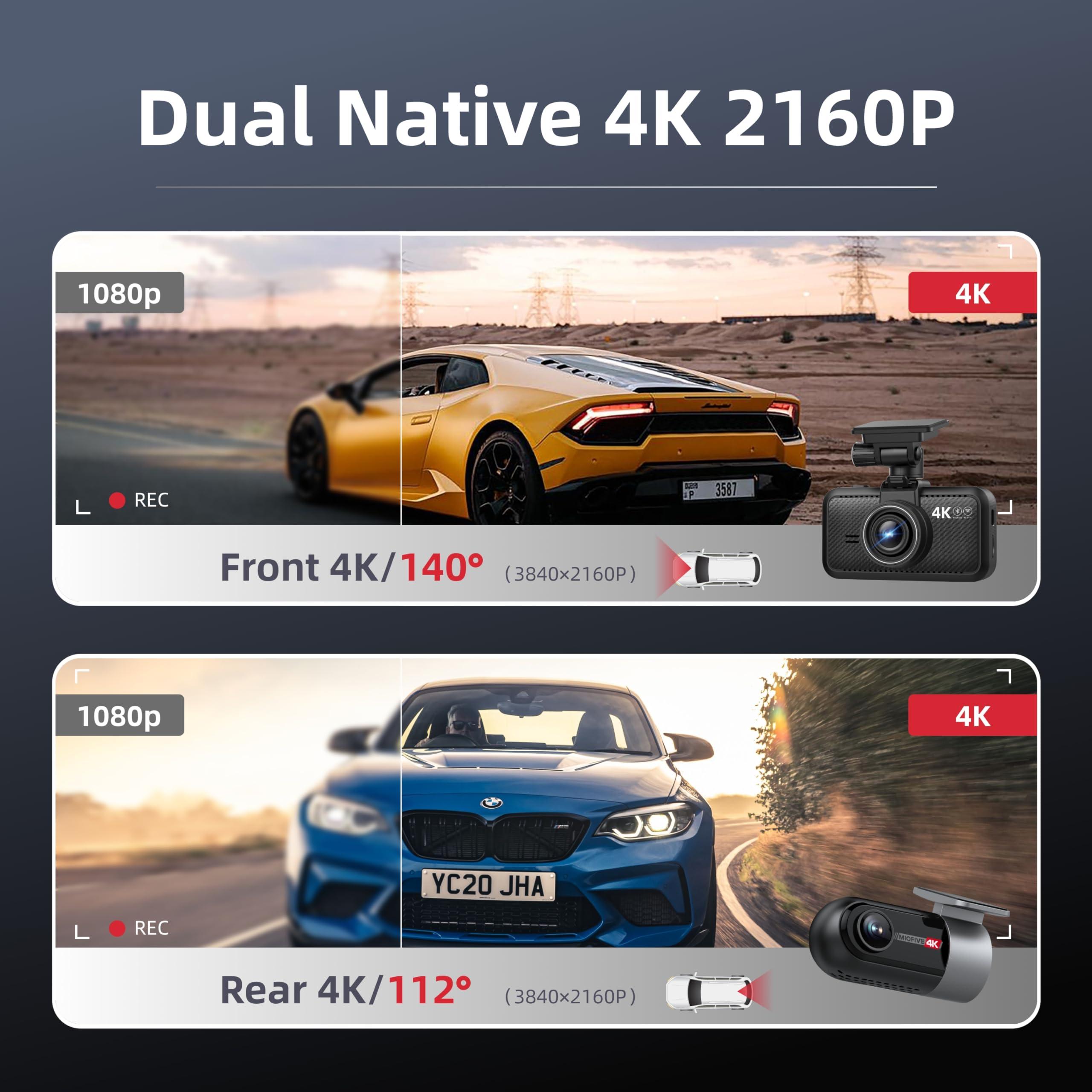 Miofive Miofive Dash Cam Car Front Rear 4K+4K WiFi Bluetooth Dash Cam with 64GB SD Card, Dual Car Camera with Parking Monitoring, Super Night Vision, HDR, G-Sensor, Loop Recording, App Control, Max 512GB