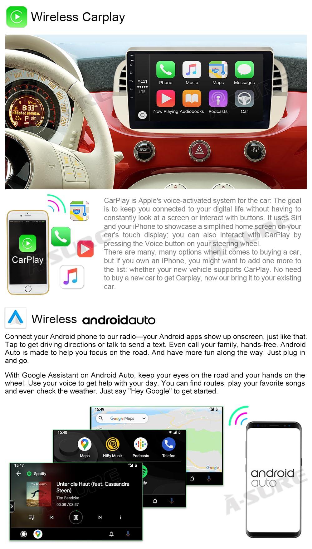 ASURE ASURE 9 inch Car Stereo Radio Upgrade for Fiat 500 500C 2007-2015 White,8Core 4G+64G Android System Car in-Dash GPS Navigation Unit with Carplay Android Auto,1280x720 Touchscreen Multimedia Player