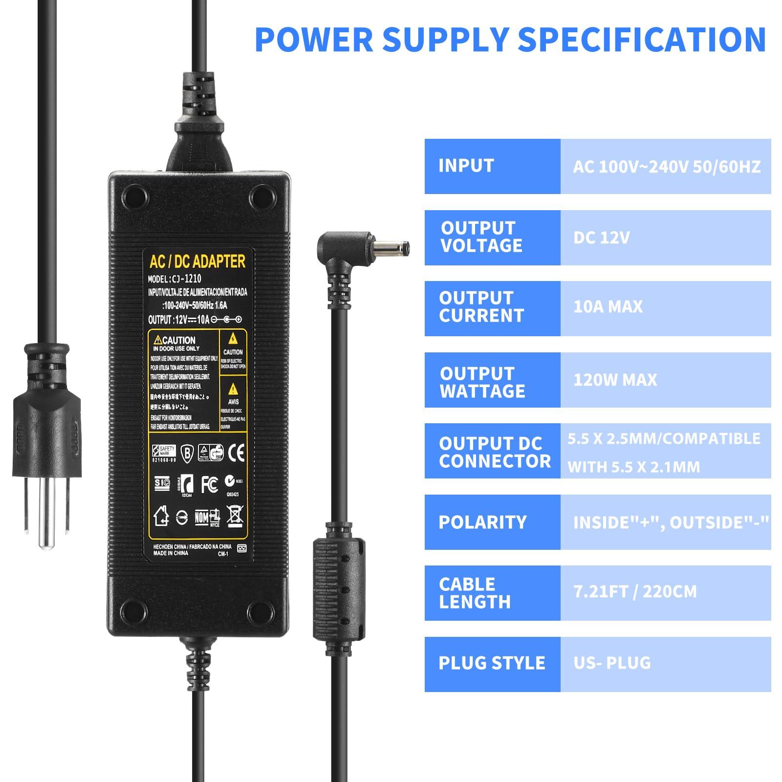AOYADAISU 12V 10A Power Supply 120W 100V~240V AC to DC Adapter Converter Transformer,12 Volt 10 Amp Power Supply Adapter with 5.5mm x 2.5mm&2.1mm DC Output Jack for 12V Printe LED Strip Light CCTV Camera
